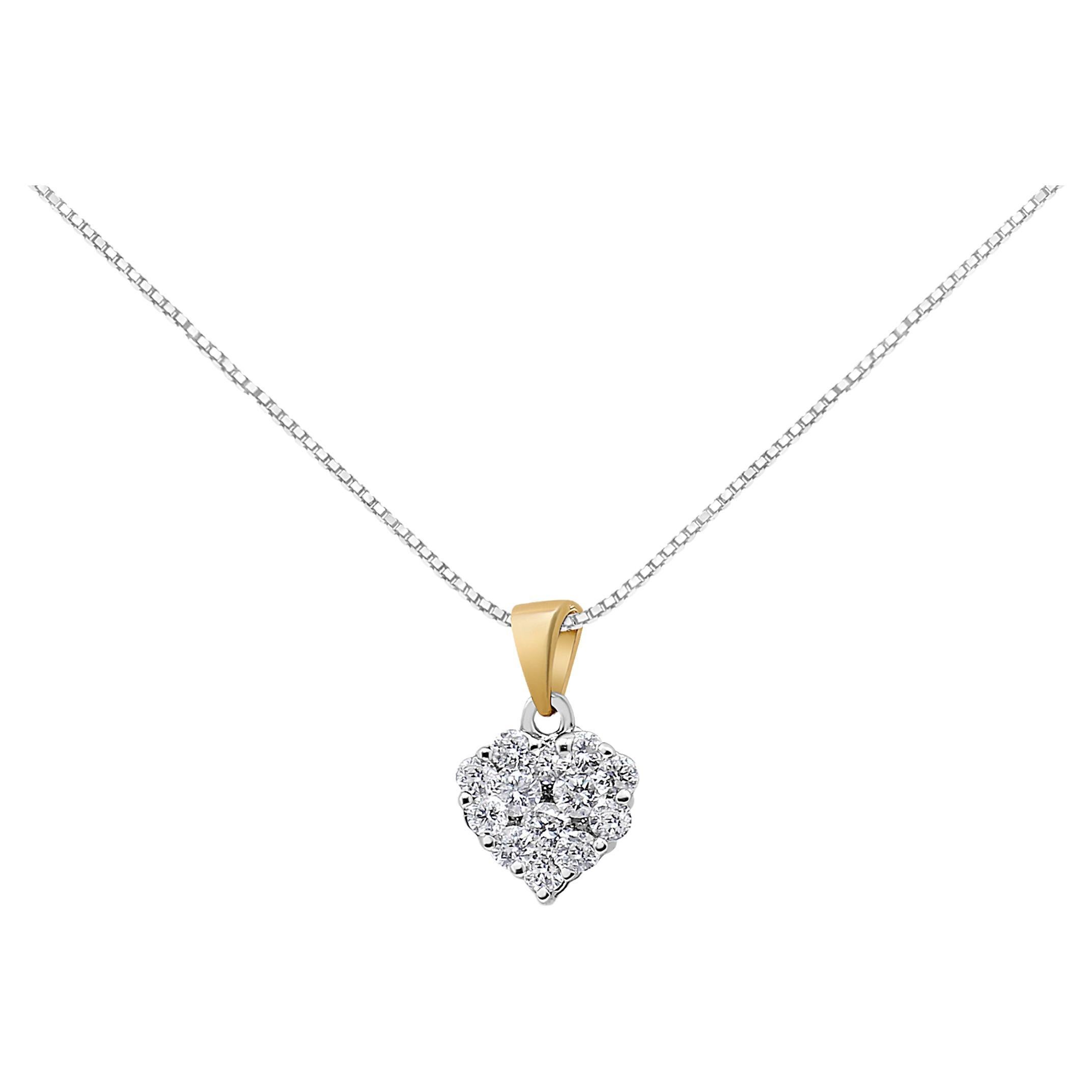 14K Yellow 1/2 Carat Round Cut Diamond Heart Halo Pendant Necklace For Sale