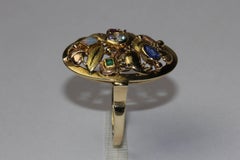 14k Yellow and Red Gold Cocktail Ring. Diamond, Sapphire, Emerald, Ruby and Opal