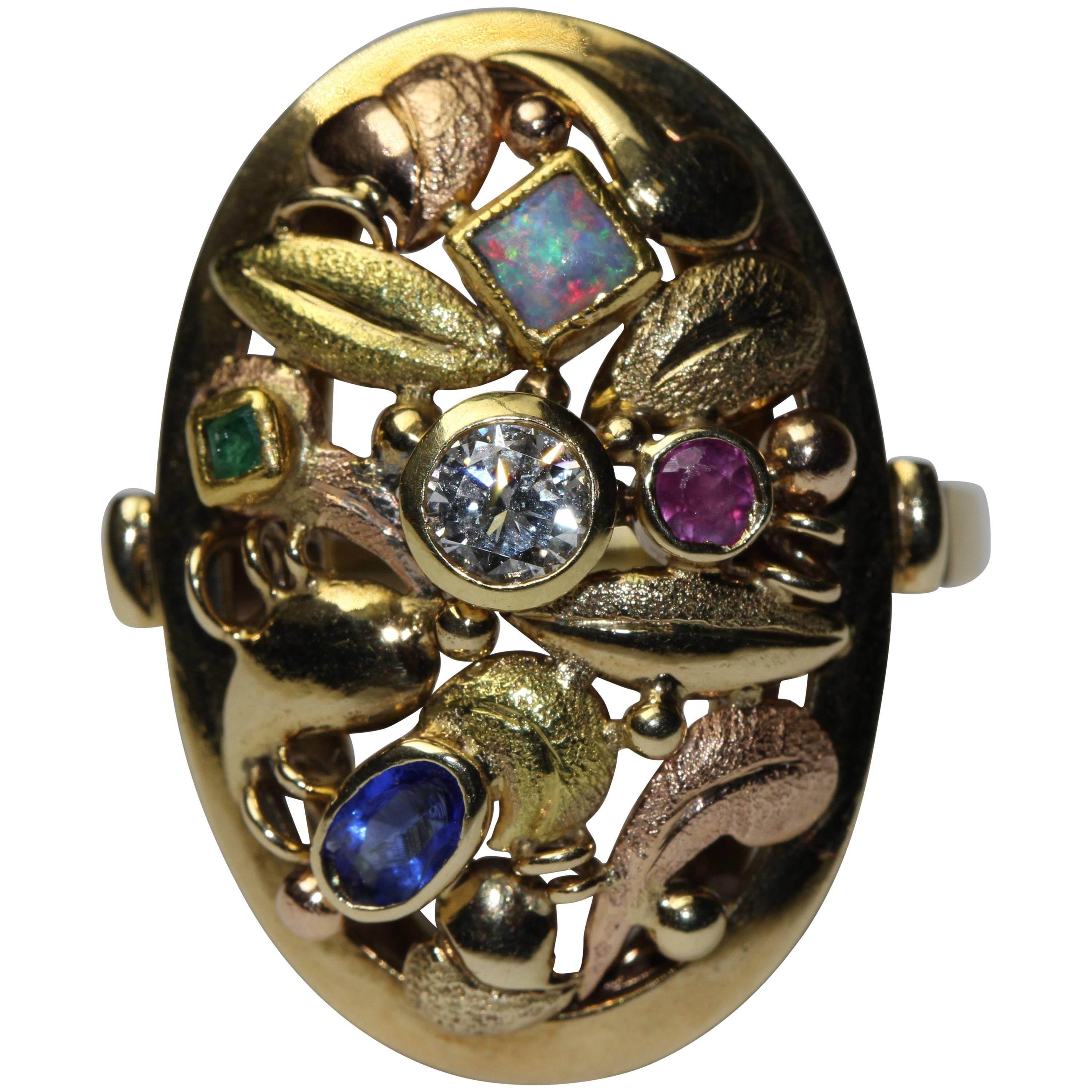 14k Yellow and Red Gold Cocktail Ring. Diamond, Sapphire, Emerald, Ruby and Opal