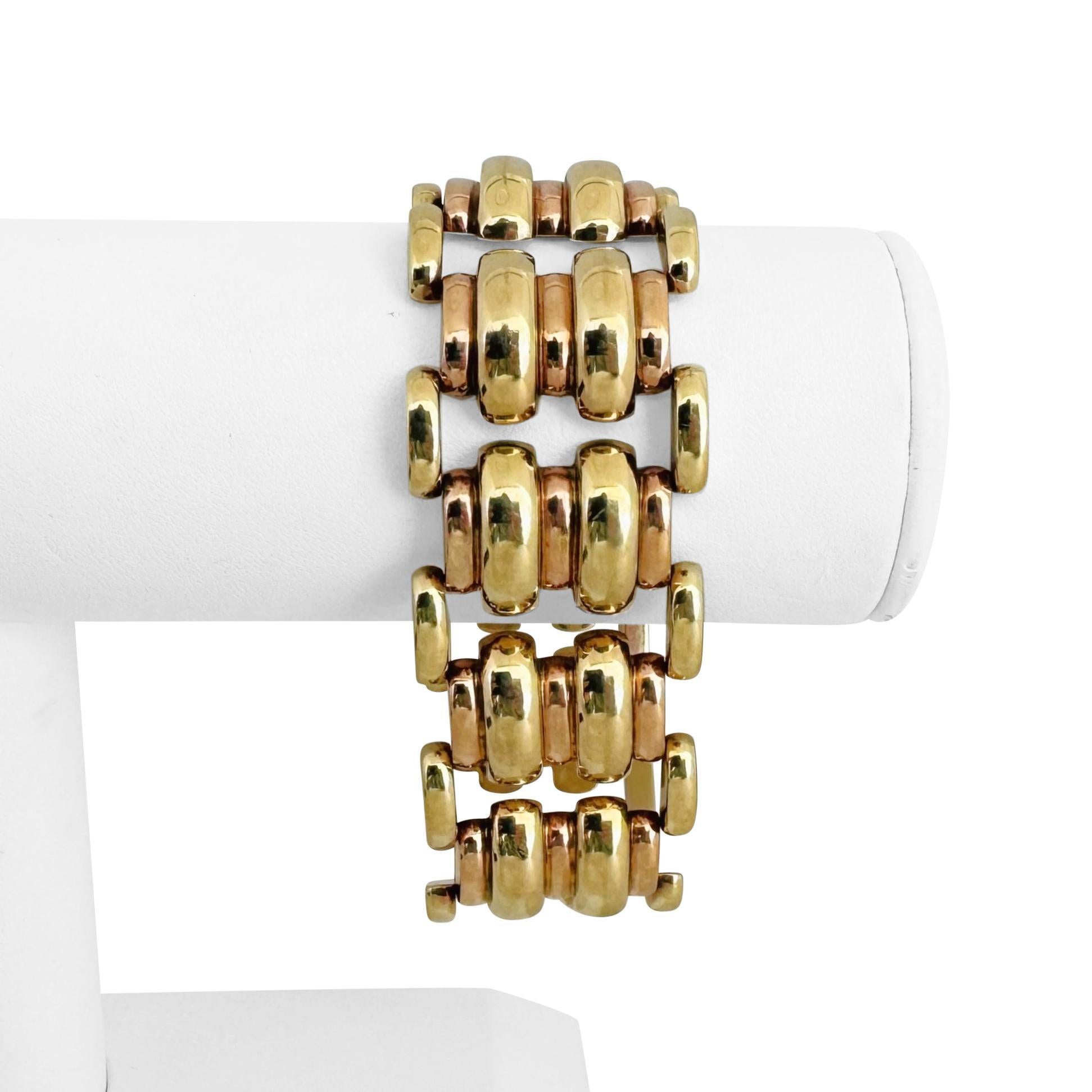 14k Yellow and Rose Gold 46.6g Retro Two Tone Fancy Link Bracelet 7.25