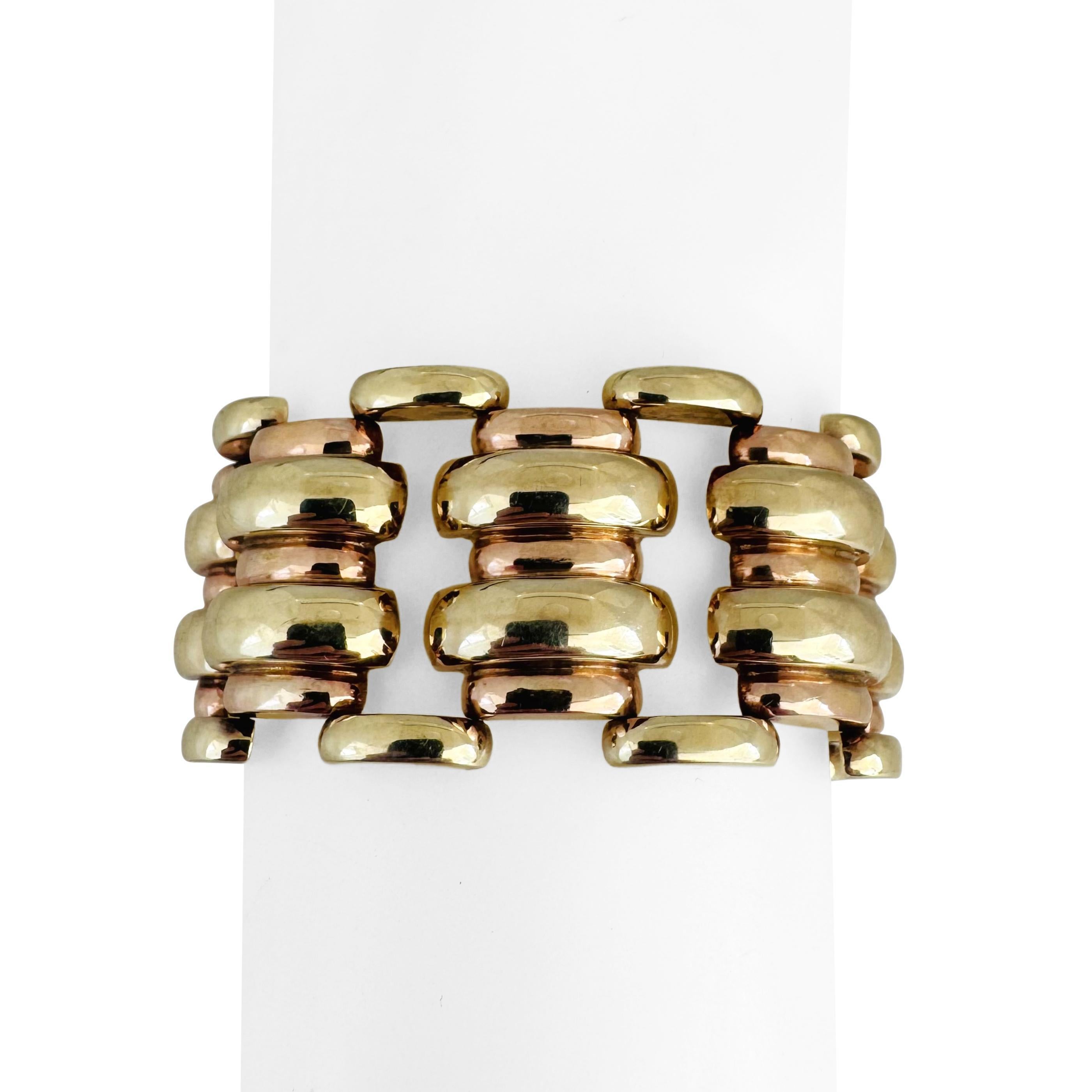 14k Yellow and Rose Gold 46.6g Retro Two Tone Fancy Link Bracelet 7.25