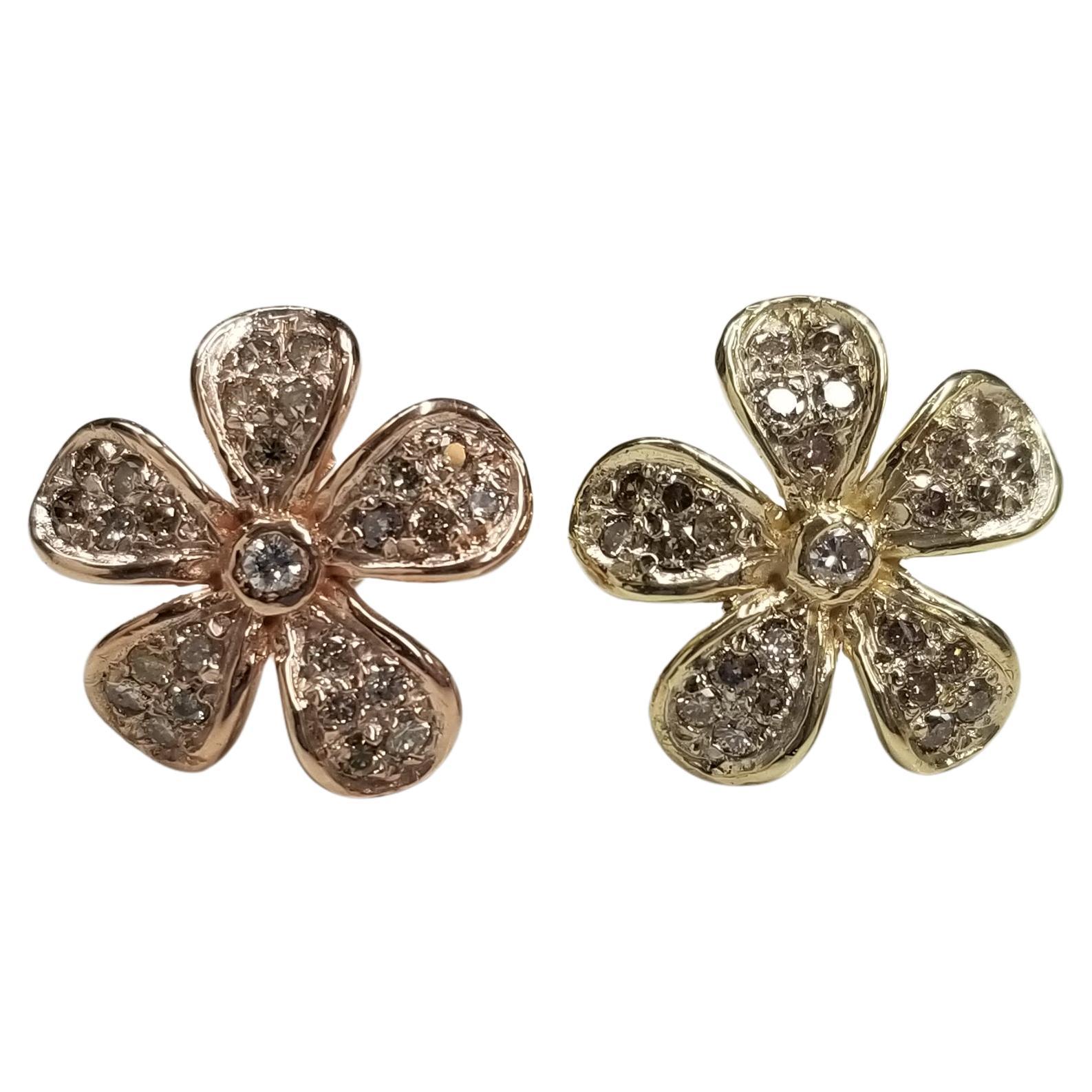 Boucles d'oreilles "fleurs" en or jaune et rose 14K avec diamants bruns