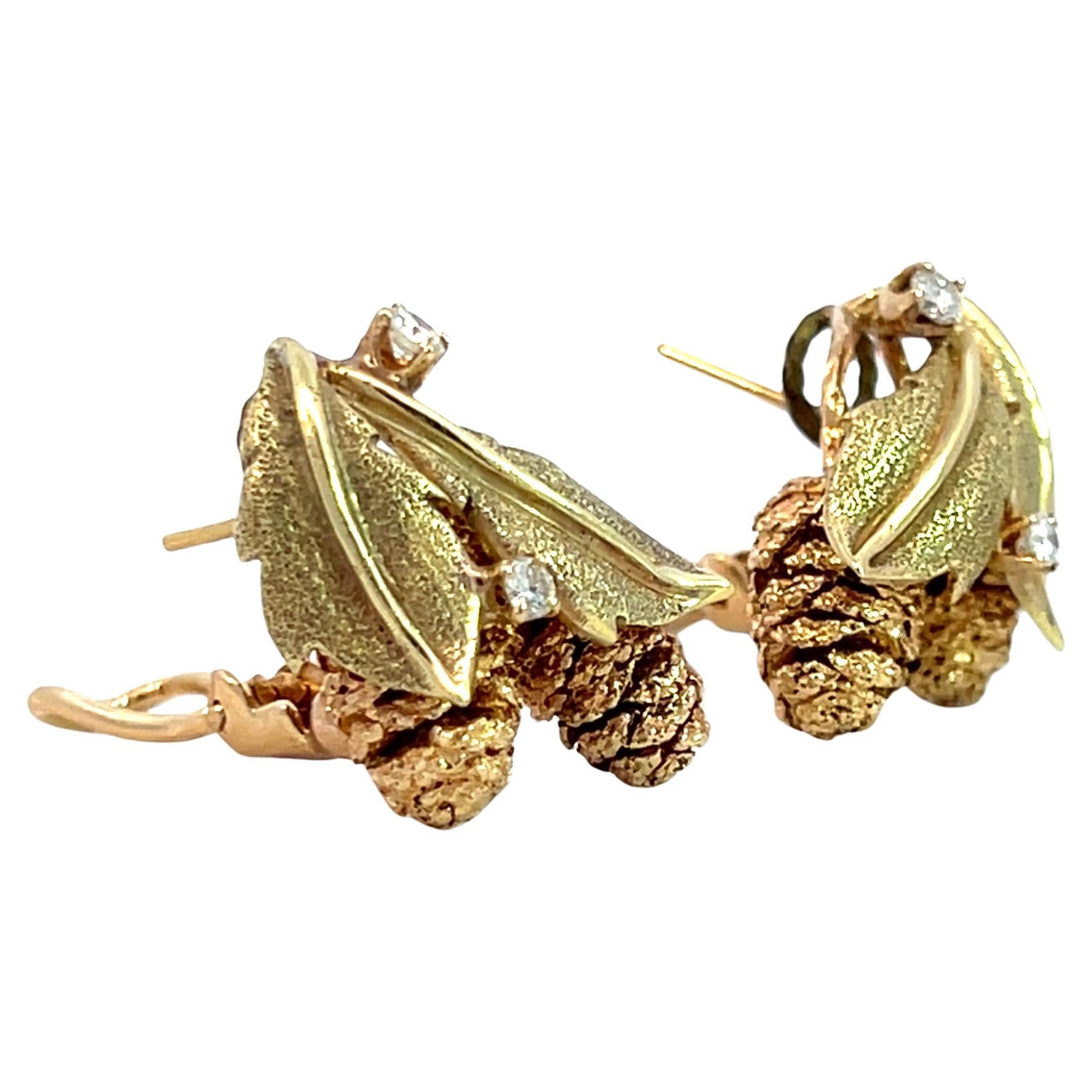 Retro 14k Yellow and Rose Gold Diamond Pinecone Leaf Lever-Back Earrings For Sale