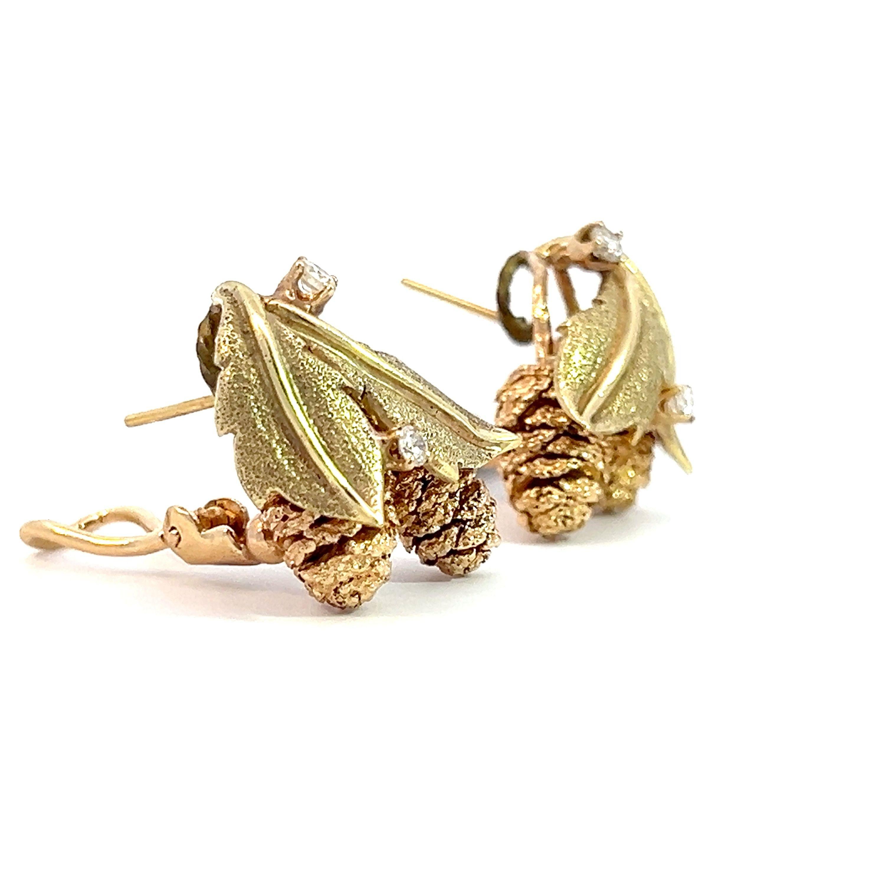 Round Cut 14k Yellow and Rose Gold Diamond Pinecone Leaf Lever-Back Earrings For Sale