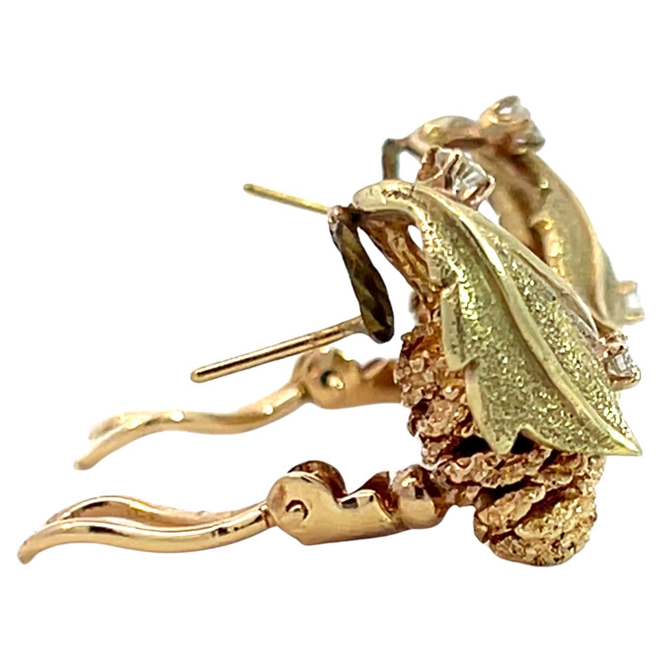 14k Yellow and Rose Gold Diamond Pinecone Leaf Lever-Back Earrings In Excellent Condition For Sale In Beverly Hills, CA