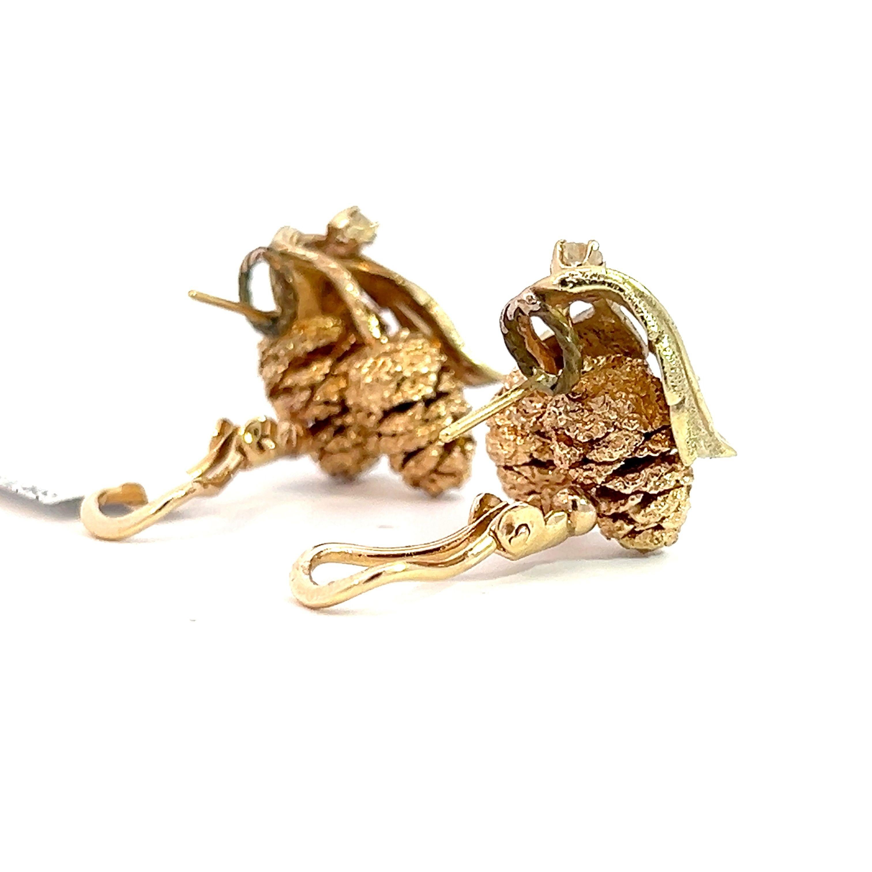 Women's 14k Yellow and Rose Gold Diamond Pinecone Leaf Lever-Back Earrings For Sale