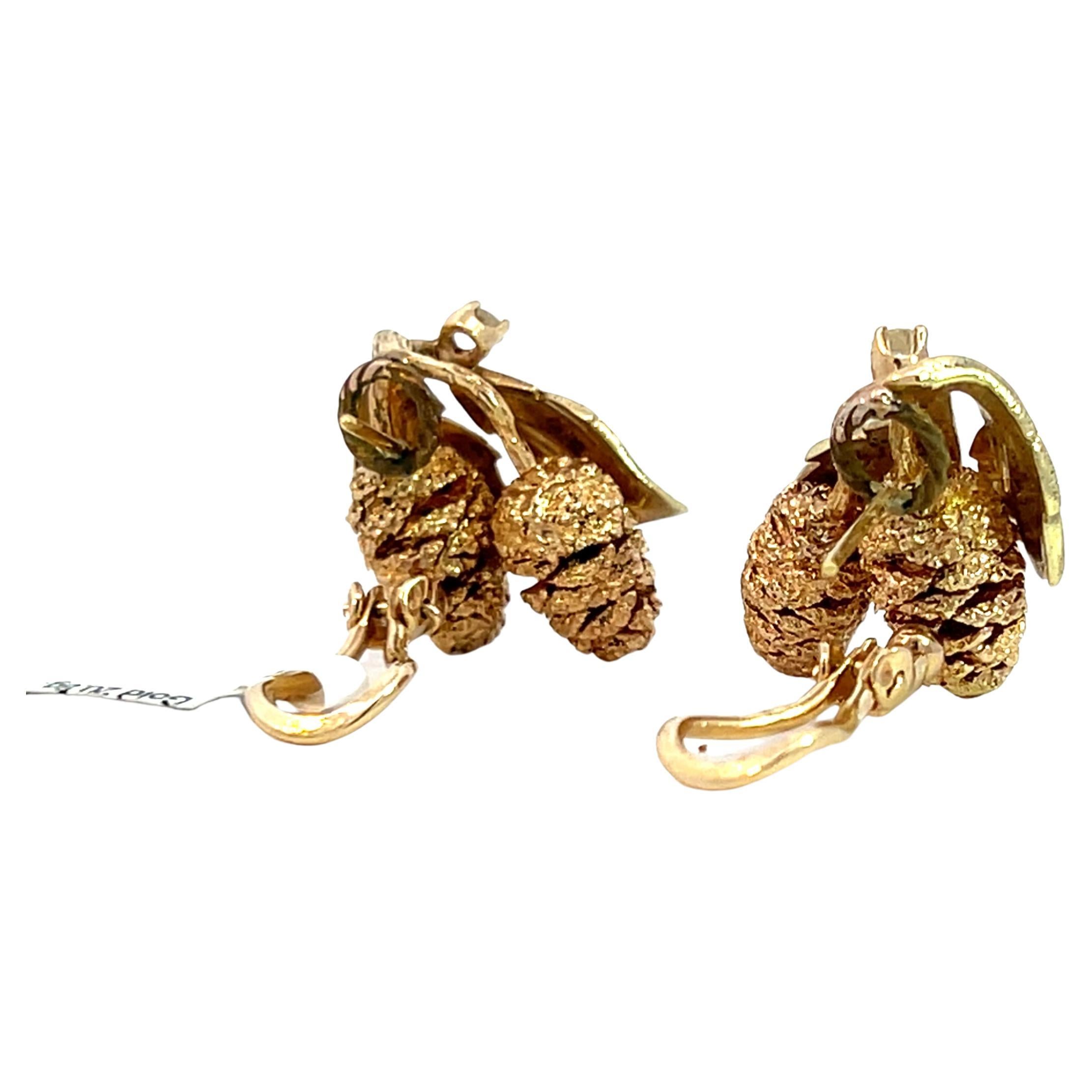 14k Yellow and Rose Gold Diamond Pinecone Leaf Lever-Back Earrings For Sale 1