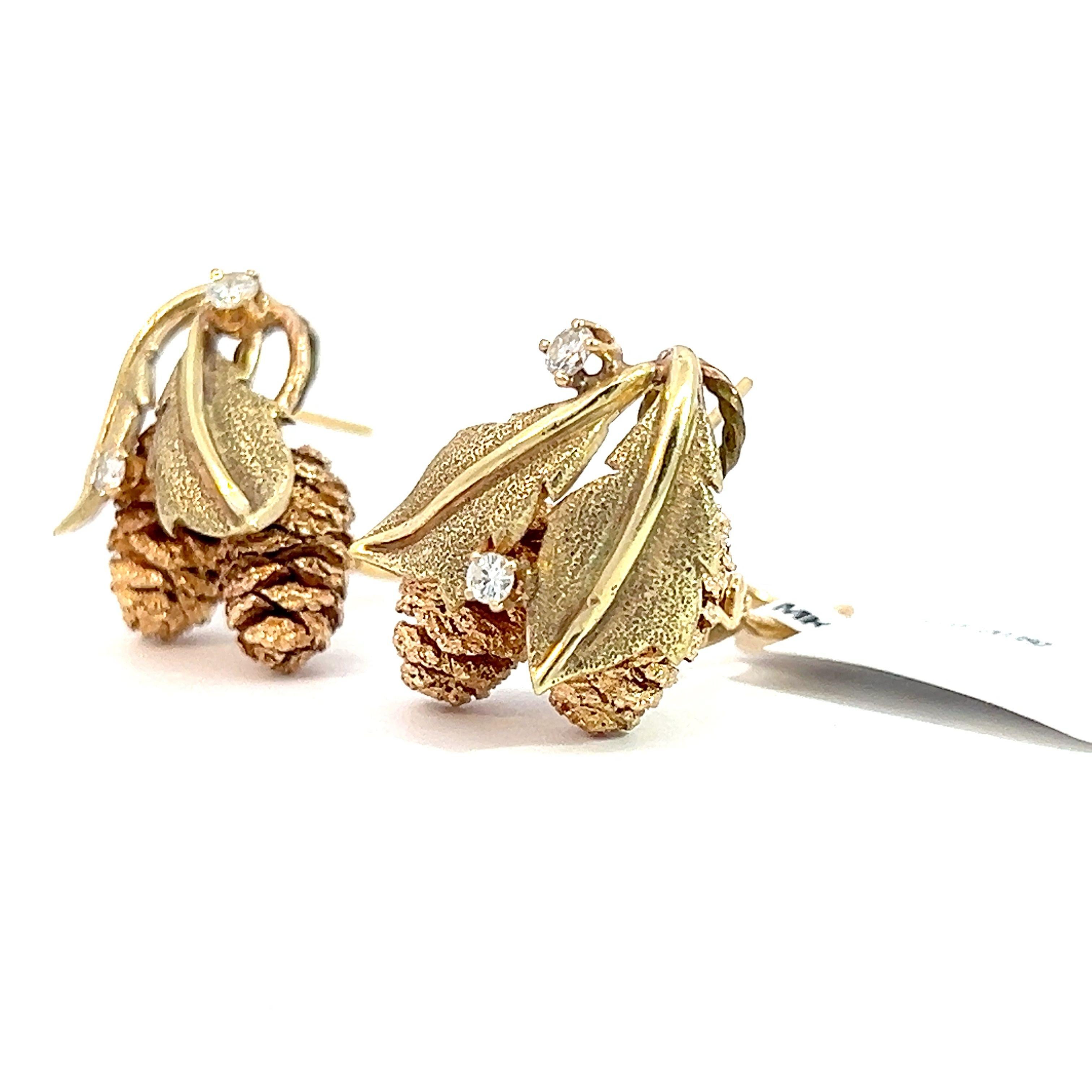 14k Yellow and Rose Gold Diamond Pinecone Leaf Lever-Back Earrings For Sale 3