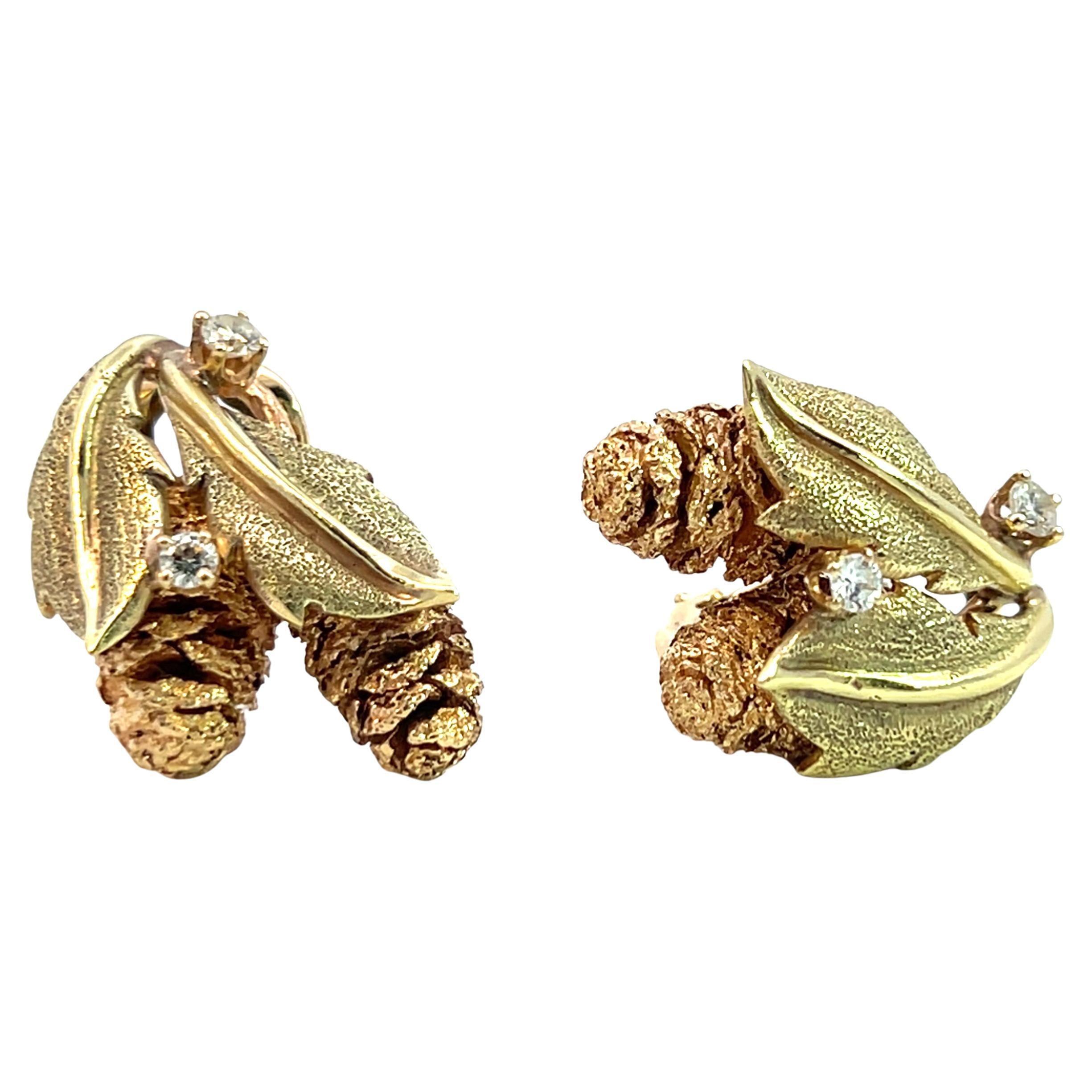 14k Yellow and Rose Gold Diamond Pinecone Leaf Lever-Back Earrings