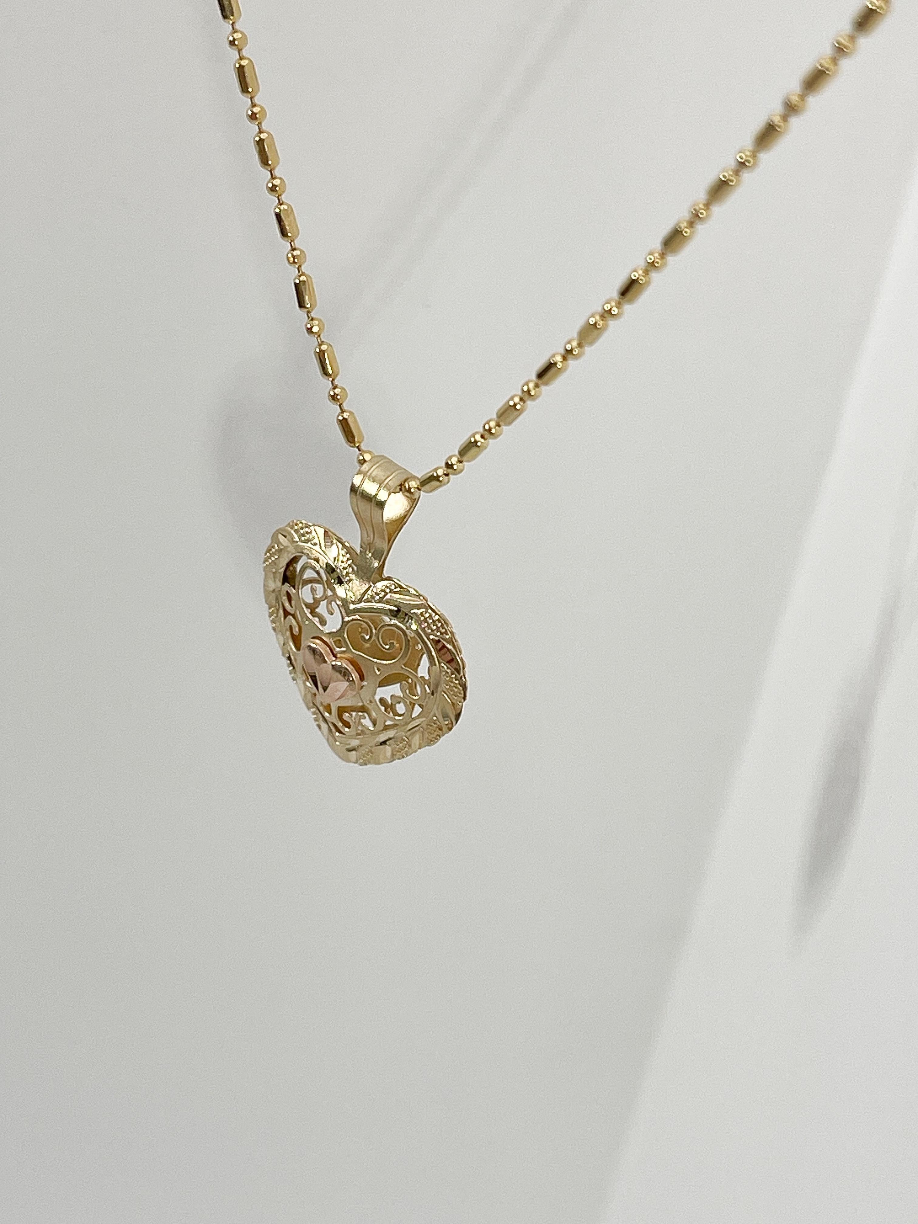 Women's 14K Yellow and Rose Gold Filigree Heart Pendant Necklace For Sale