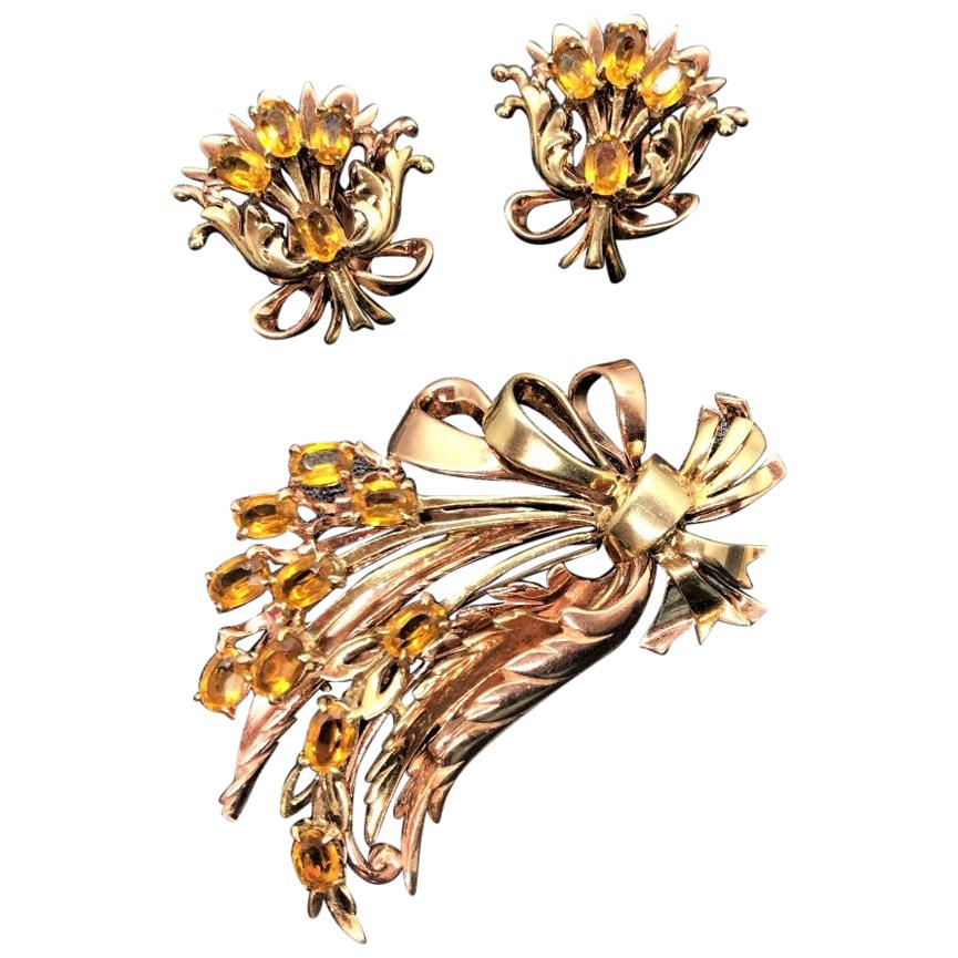 14 Karat Yellow and Rose Gold Gemstone Earrings and Brooch Suite For Sale