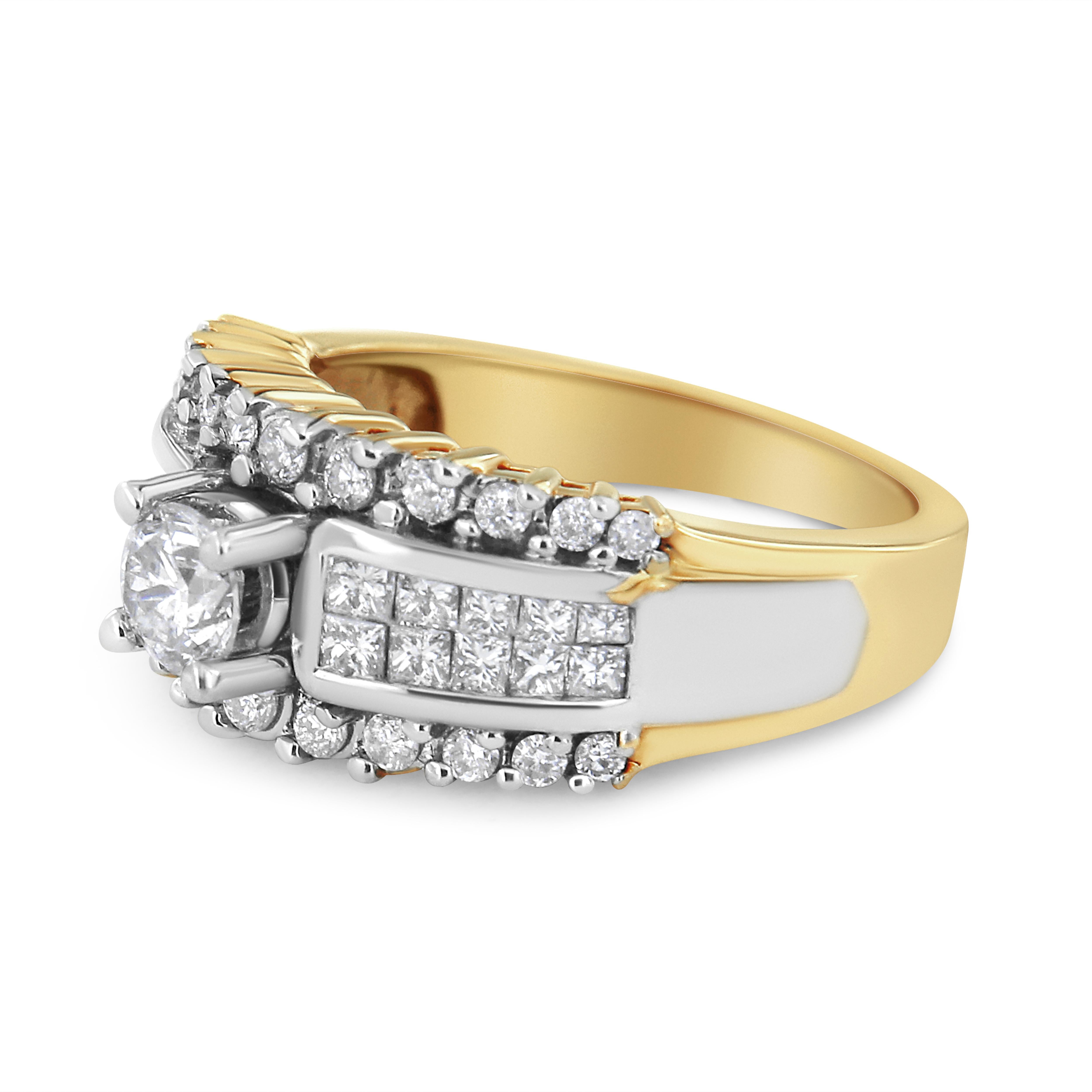 Trade in your simple bands for this glamorous ring with a stunningly bold design embellished with 1 1/2 cttw of natural, sparkling diamonds. The yellow gold band has a streak of white gold through the center that is set with princess-cut diamonds.