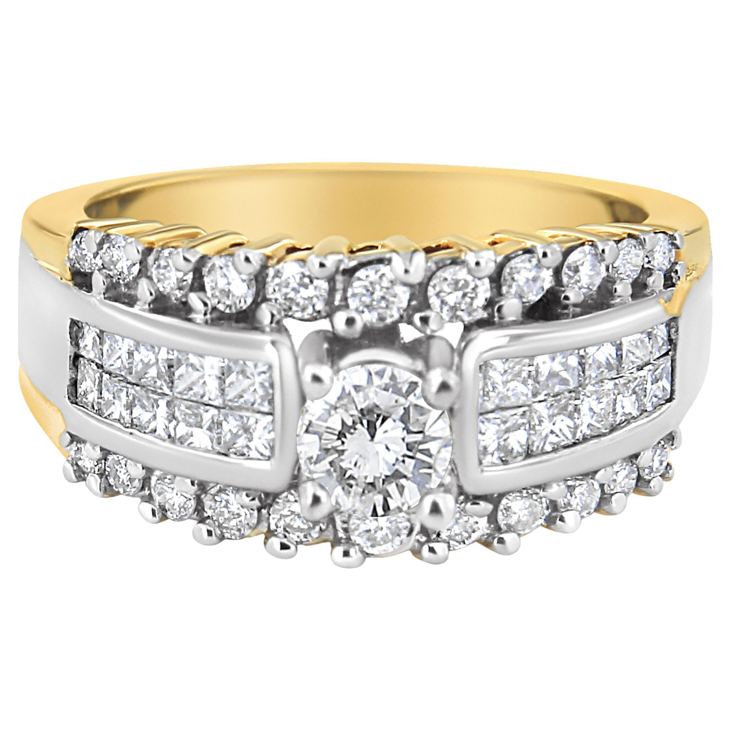 14K Yellow and White Gold 1 1/2 Carat Round and Princess-Cut Diamond Band Ring For Sale