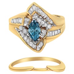 14K Yellow and White Gold 1 1/4 Carat Treated Blue Diamond Cocktail Ring Set