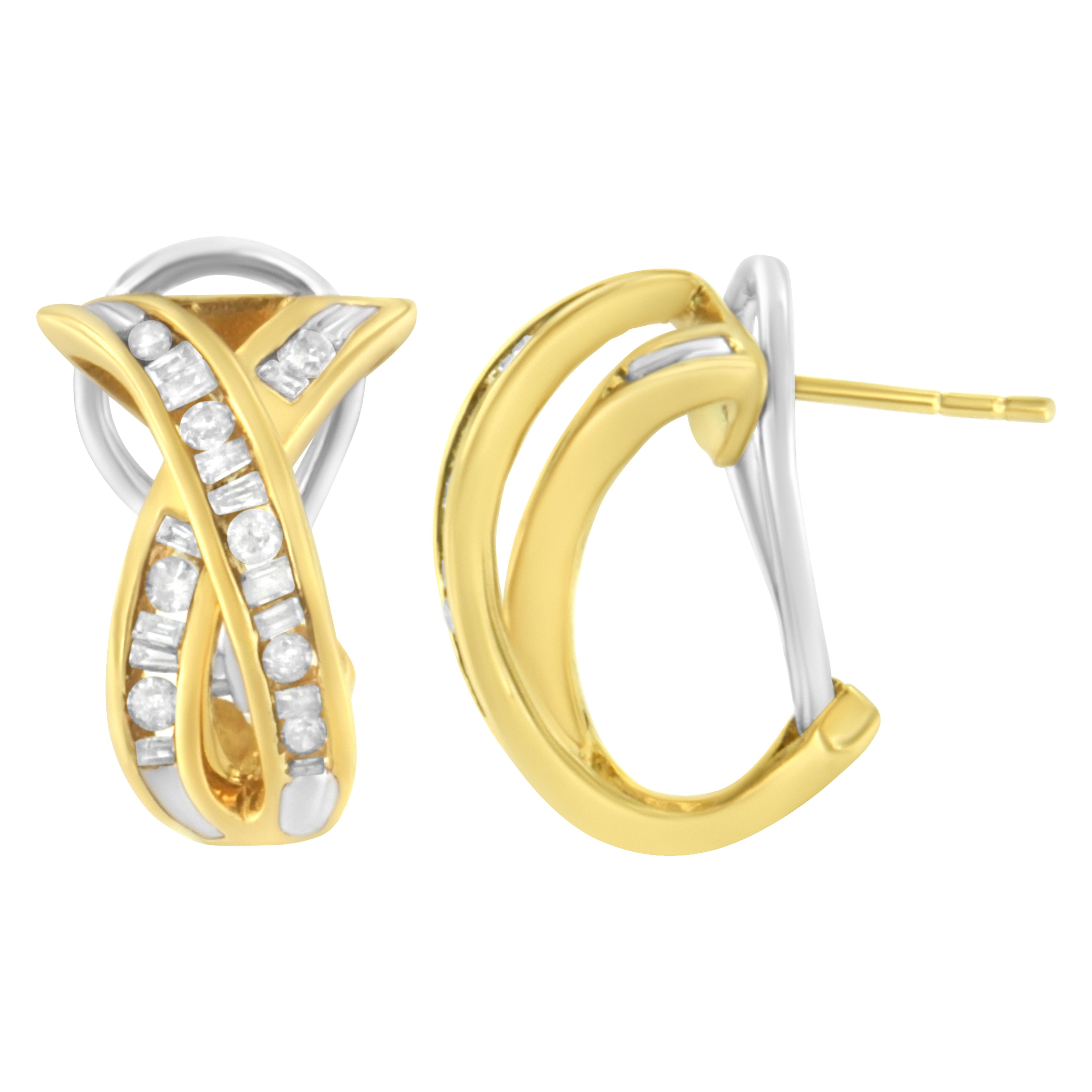 This timeless earring design is fashioned in 14k yellow gold and showcases 1/2 a ct TDW of glimmering diamonds. Yellow gold ribbons inlaid with alternating round and baguette cut diamonds cross over each other and create an X shape design. An omega
