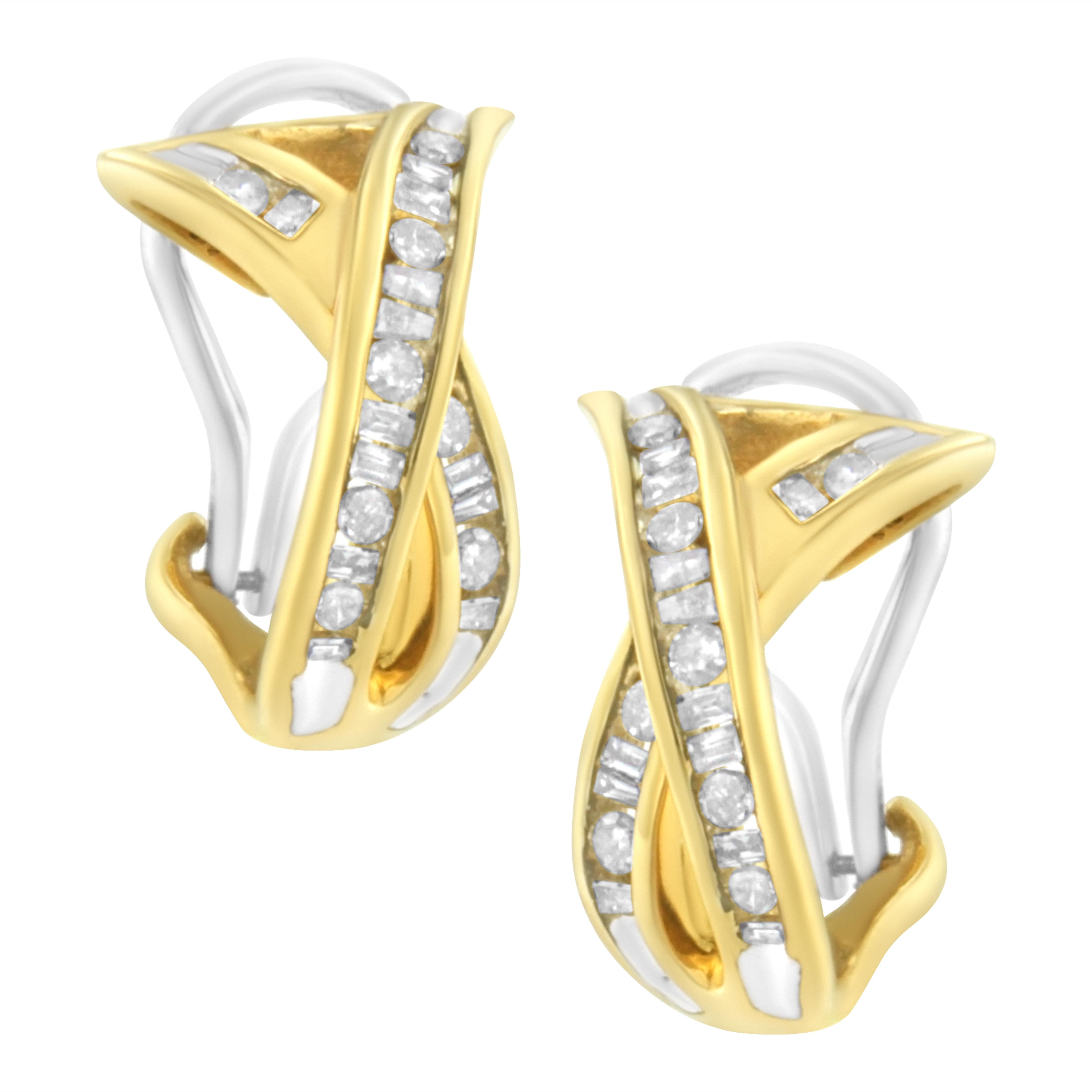14K Yellow and White Gold 1/2 TDW "X" Shape Cross Over Diamond Hoop Earrings For Sale