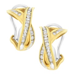 14K Yellow and White Gold 1/2 TDW "X" Shape Cross Over Diamond Hoop Earrings