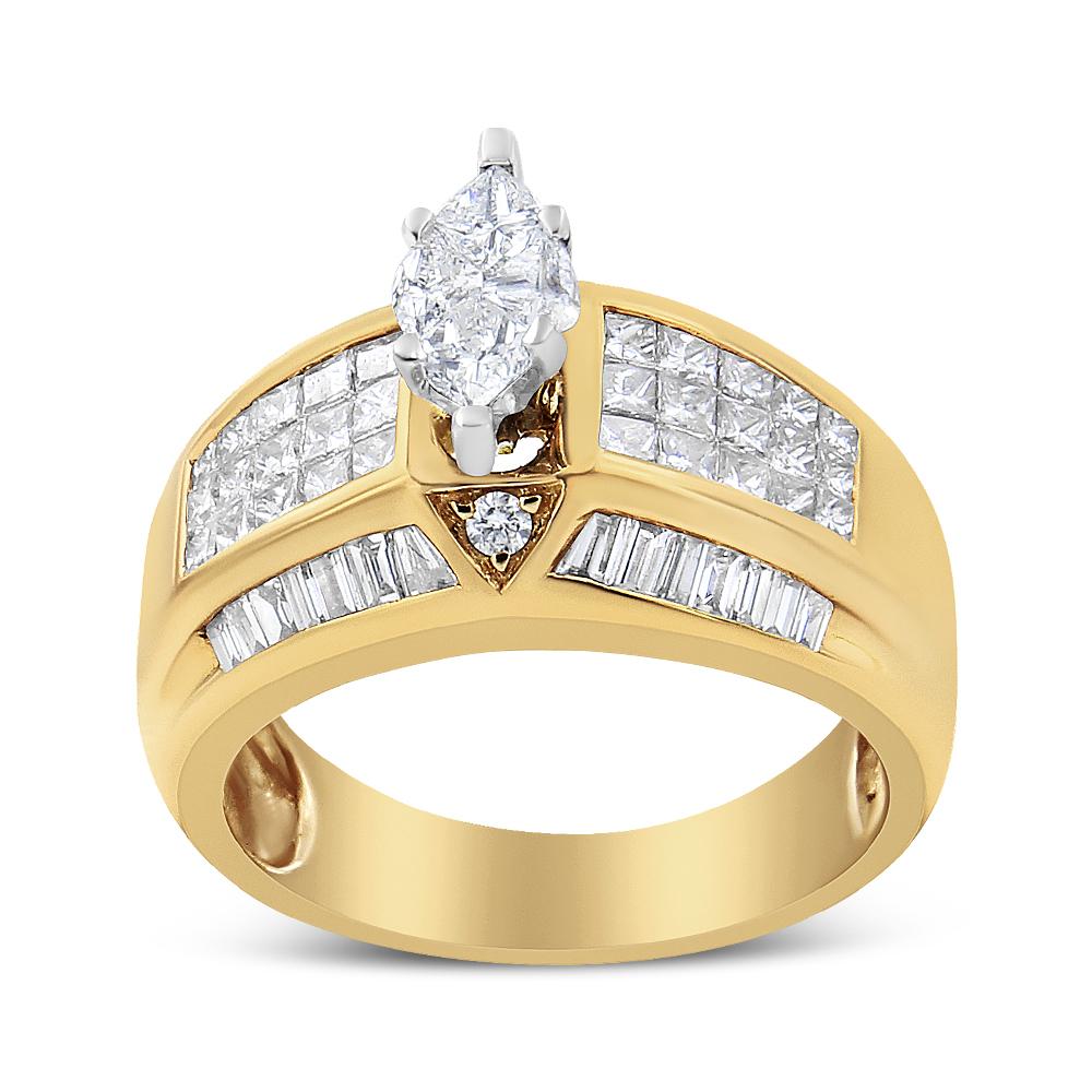 Dazzle with this stunning 14k yellow and white gold cluster diamond band. The central cluster is made up of sparkling pie-cut diamonds and is flanked by clusters of princess-cut diamonds on either side. Baguette-cut diamonds further shine along the