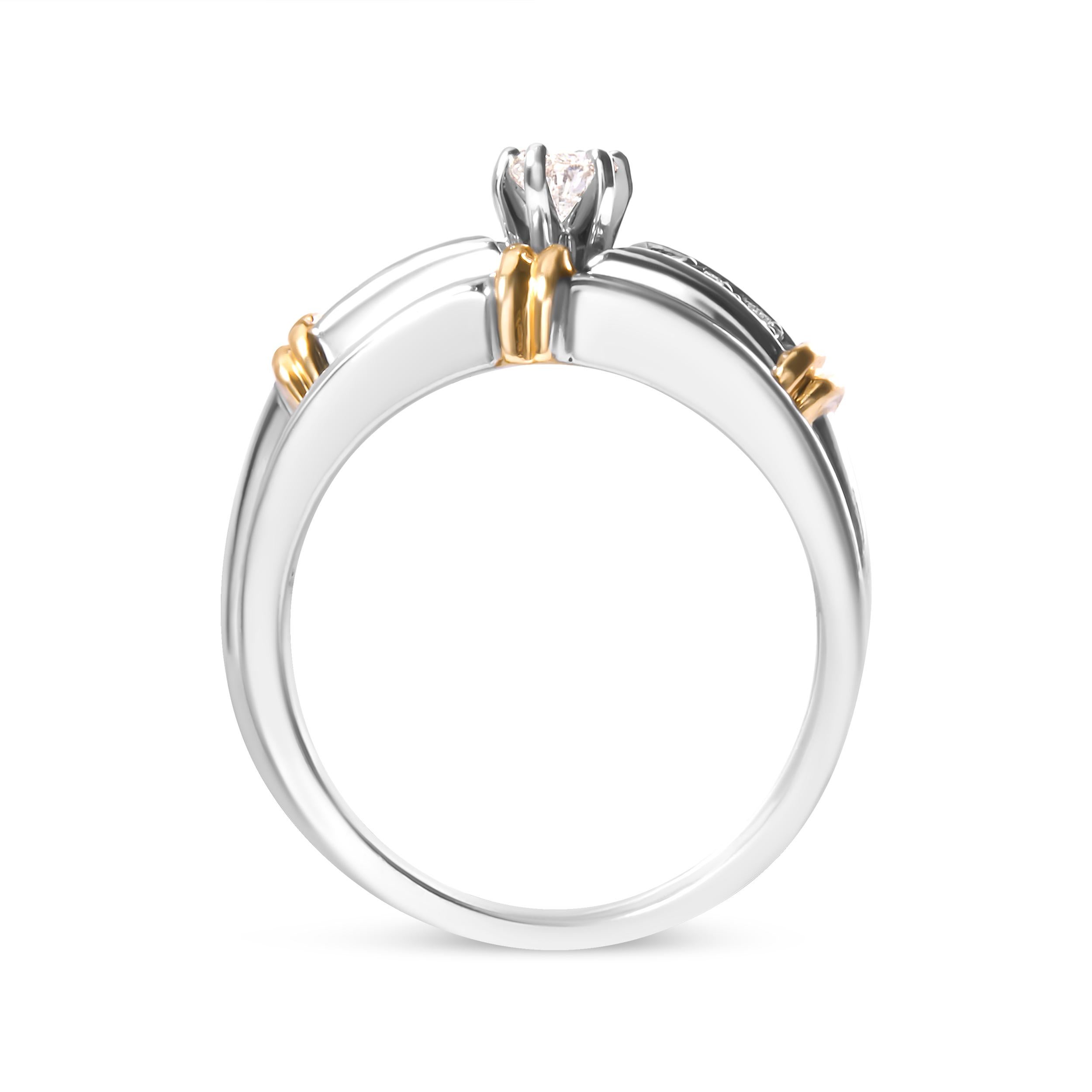 Elevate your love story with this enchanting engagement ring set, a masterpiece of design and devotion. Crafted from the harmonious embrace of 14K yellow and white gold, this set radiates a timeless allure. The centerpiece, a resplendent marquise