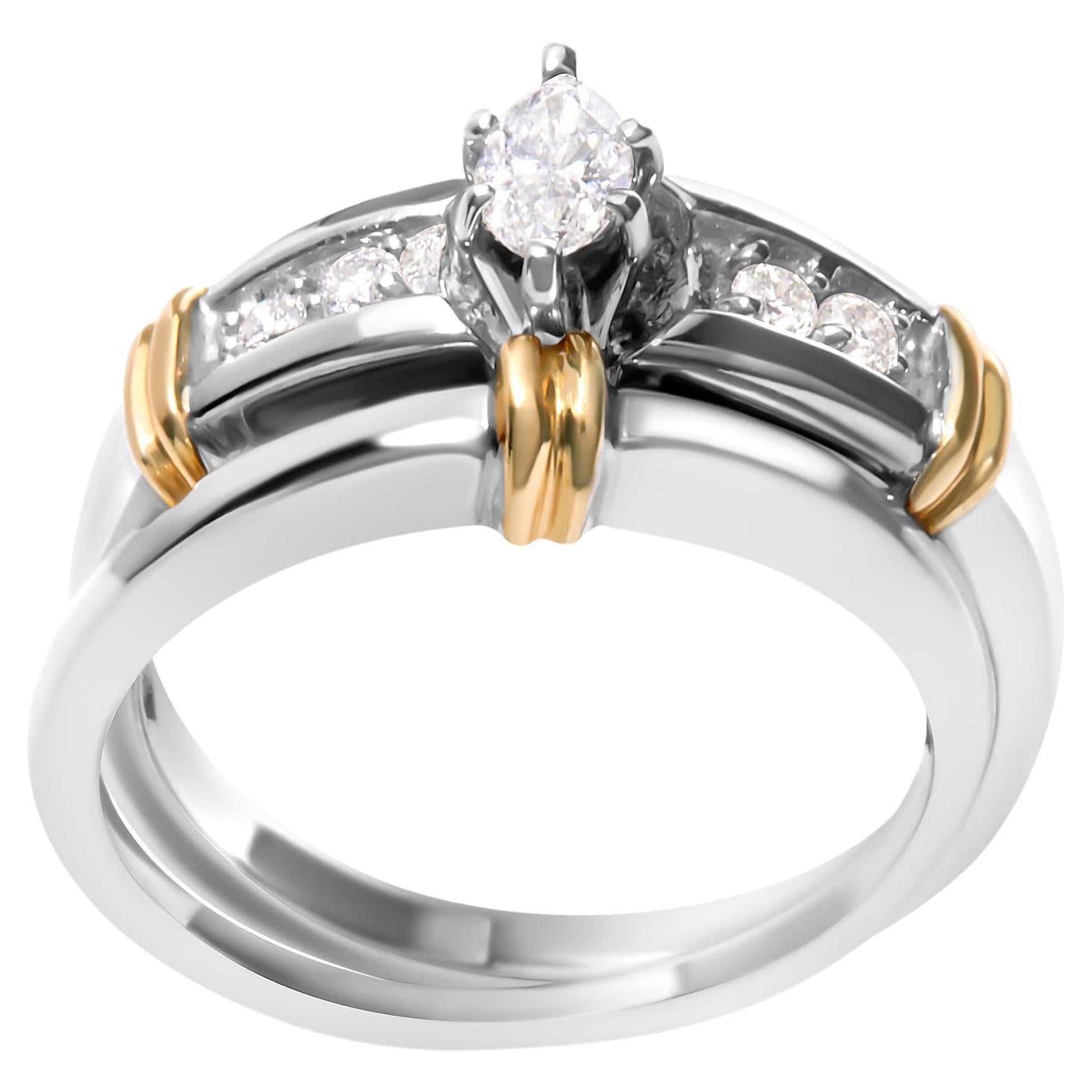 14K Yellow and White Gold 1/3 Cttw Marquise Diamond Cocktail Engagement Ring Set For Sale