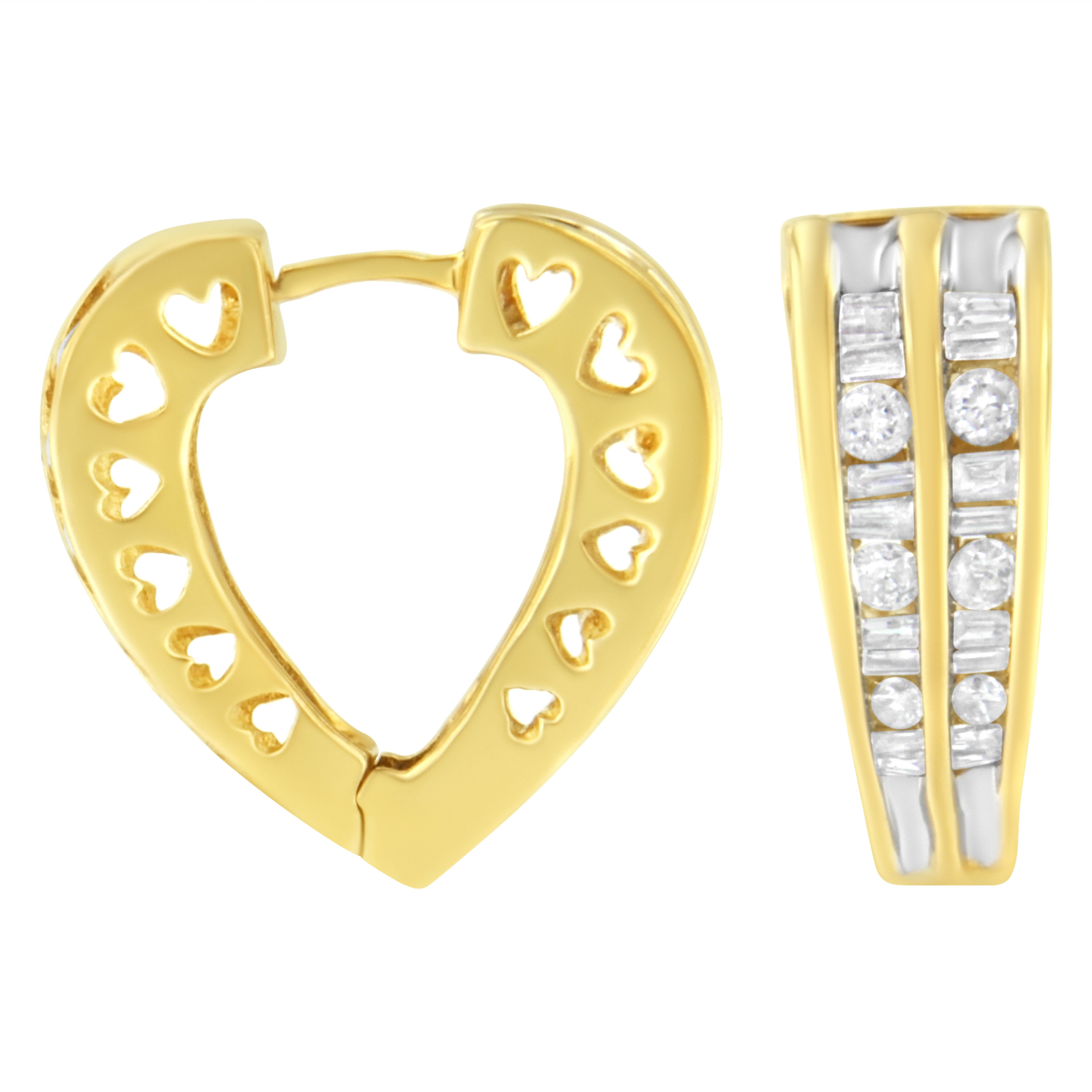 These petite and trendy diamond huggy earrings are the perfect gift for any loved one. Created in 14k yellow and white gold, this beautiful piece has heart-shaped designs etched into it's base. With a total diamond weight of 1 ct., these hoops