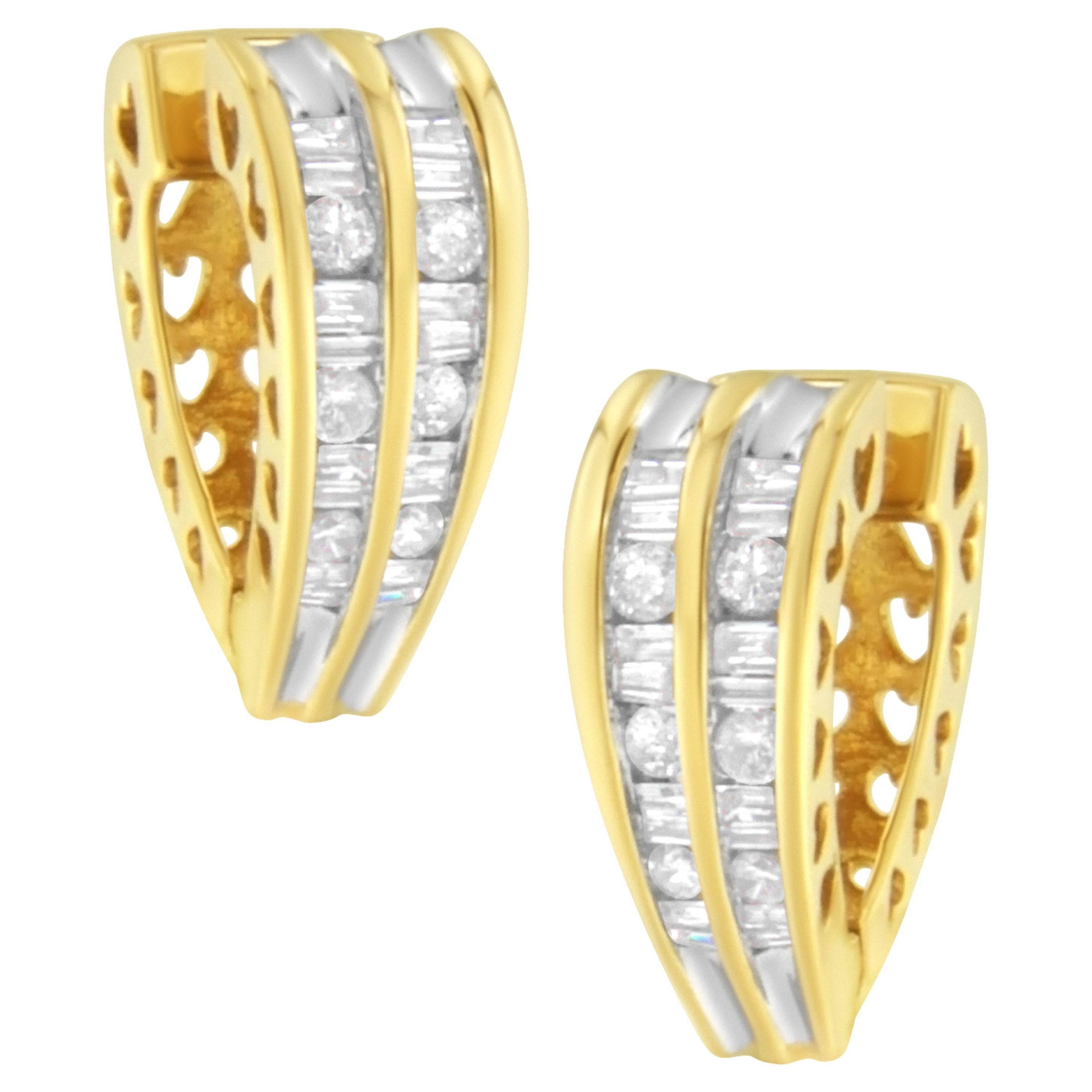 14K Yellow and White Gold 1.0 Carat Diamond Multi Row Huggy Hoop Earrings For Sale