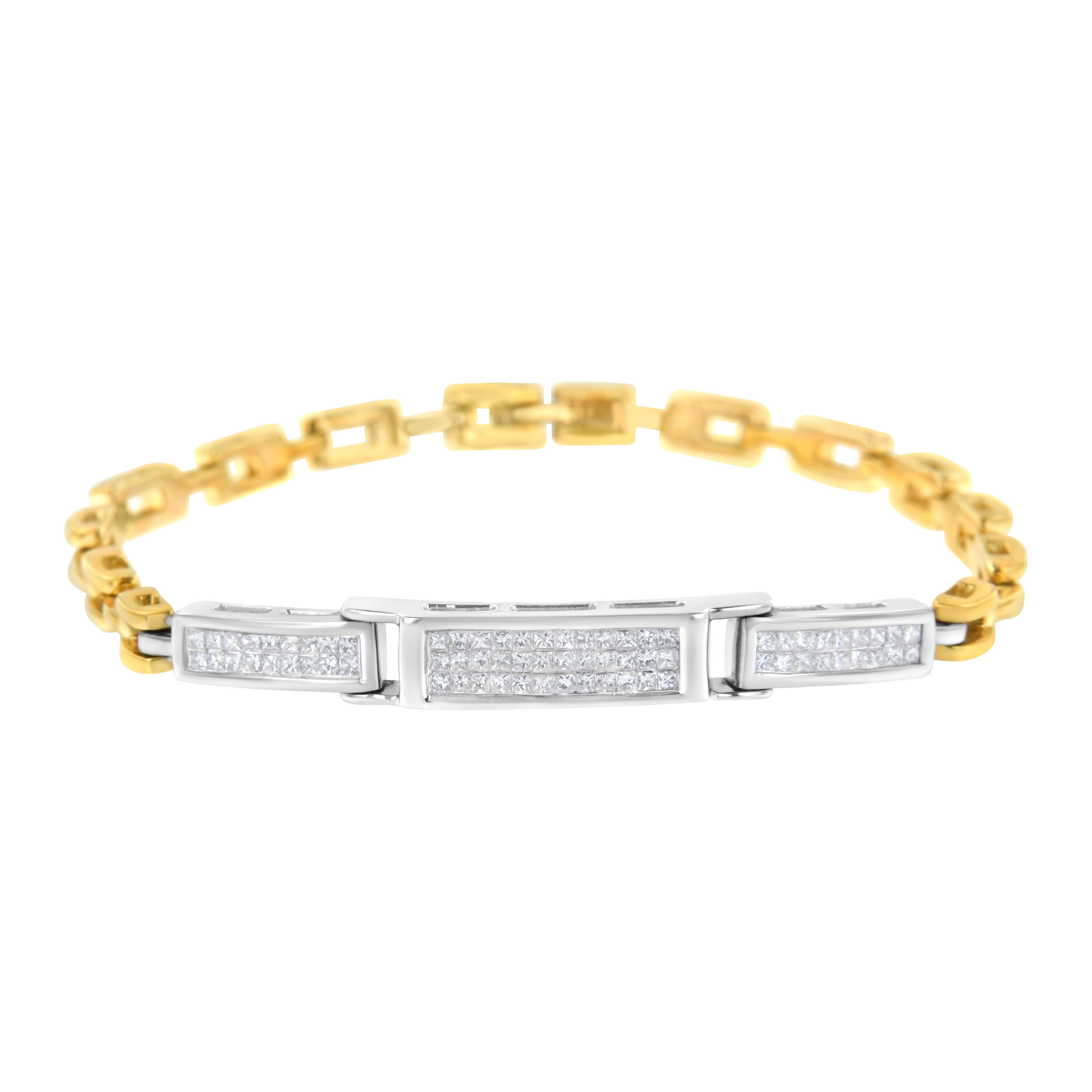 Set yourself apart with this 14k yellow and white gold bracelet. White gold rectangular shapes inlaid with rows of princess cut diamonds become the centerpiece of this tennis bracelet. A simple warm yellow gold chain complements and completes this