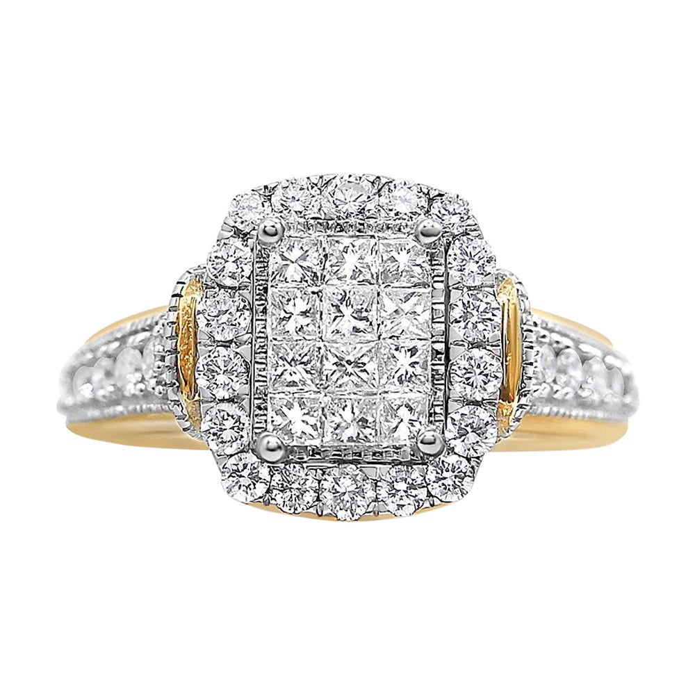 14K Gelb- und Weißgold 1,0 Karat Smaragdförmiger Halo-Diamant-Cluster-Ring im Angebot