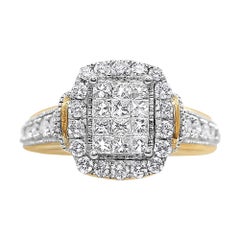 Anillo de oro amarillo y blanco de 14 quilates con racimo de diamantes en forma de halo y esmeralda de 1,0 quilates