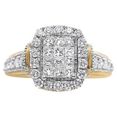 14K Yellow and White Gold 1.0 Carat Emerald Shaped Halo Diamond Cluster Ring