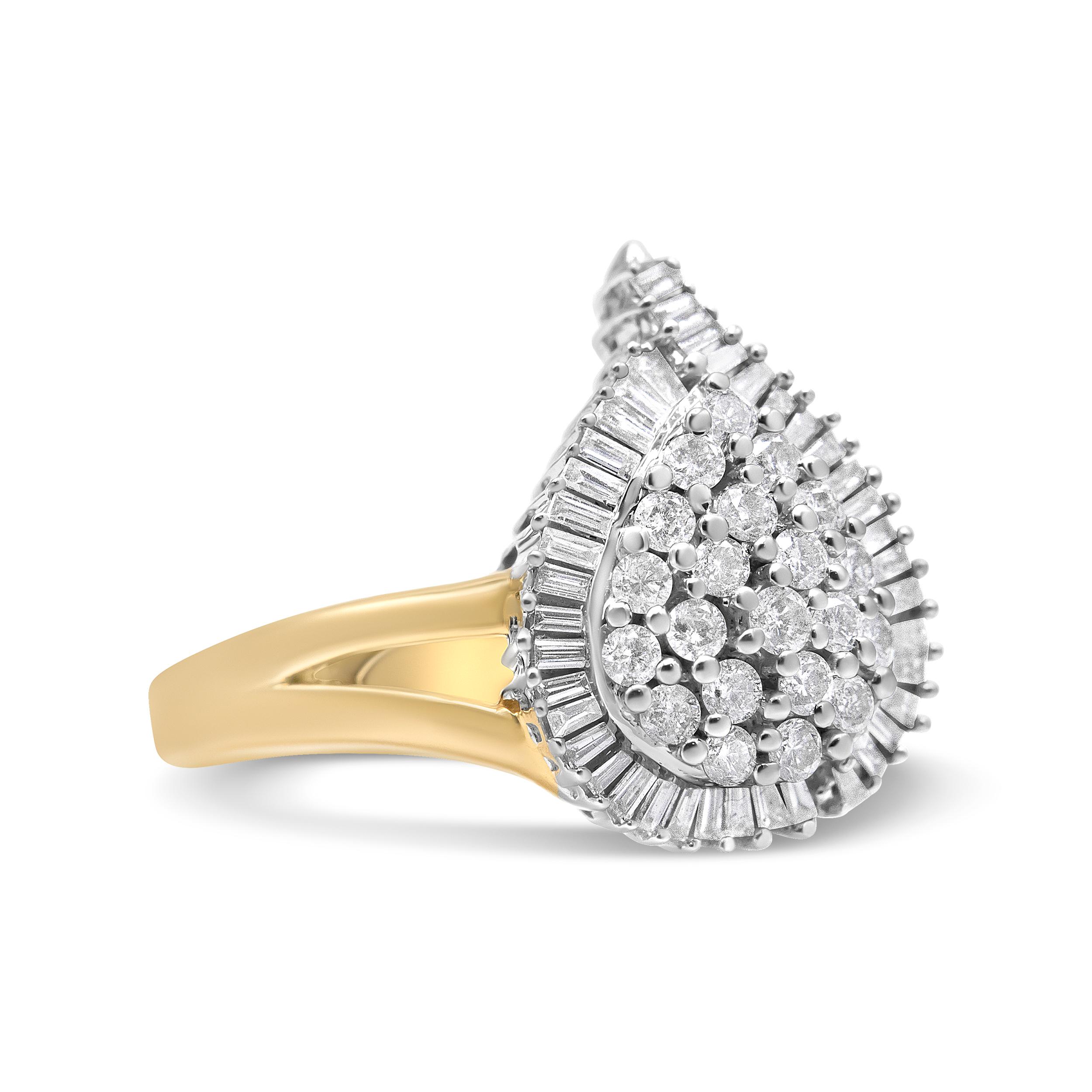 This stunning 14K yellow and white gold cocktail ring boasts an impressive cluster of 1 ct of diamonds. The central cluster of round-cut diamonds is flanked by baguette-cut diamonds along it's side in a pear shaped design. The band is a gleaming