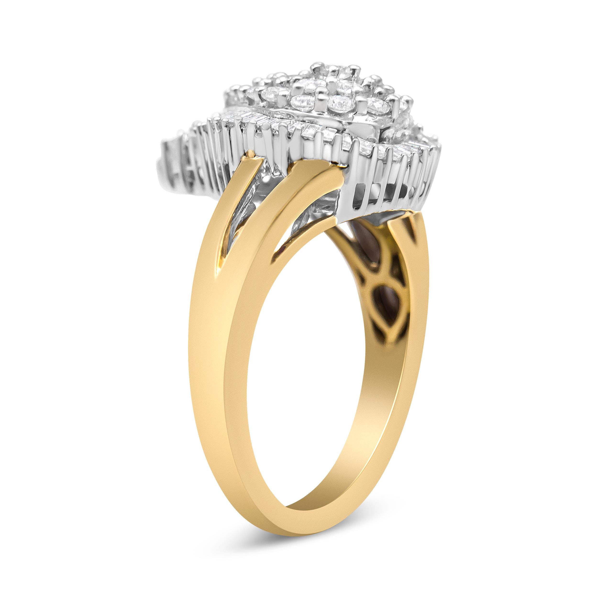 Contemporary 14K Yellow and White Gold 1.0 Carat Round-Cut Diamond Ballerina Cocktail Ring For Sale