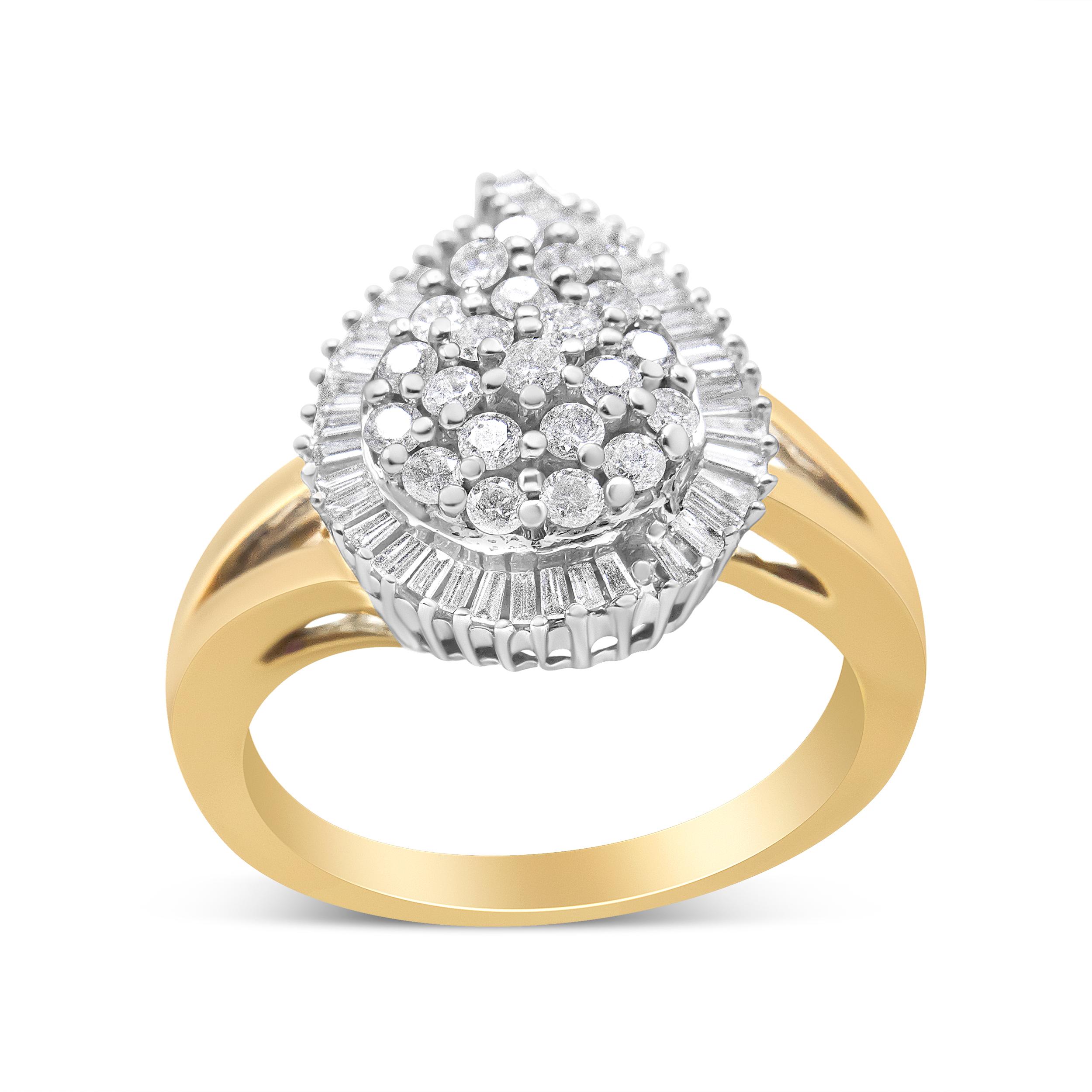 Round Cut 14K Yellow and White Gold 1.0 Carat Round-Cut Diamond Ballerina Cocktail Ring For Sale