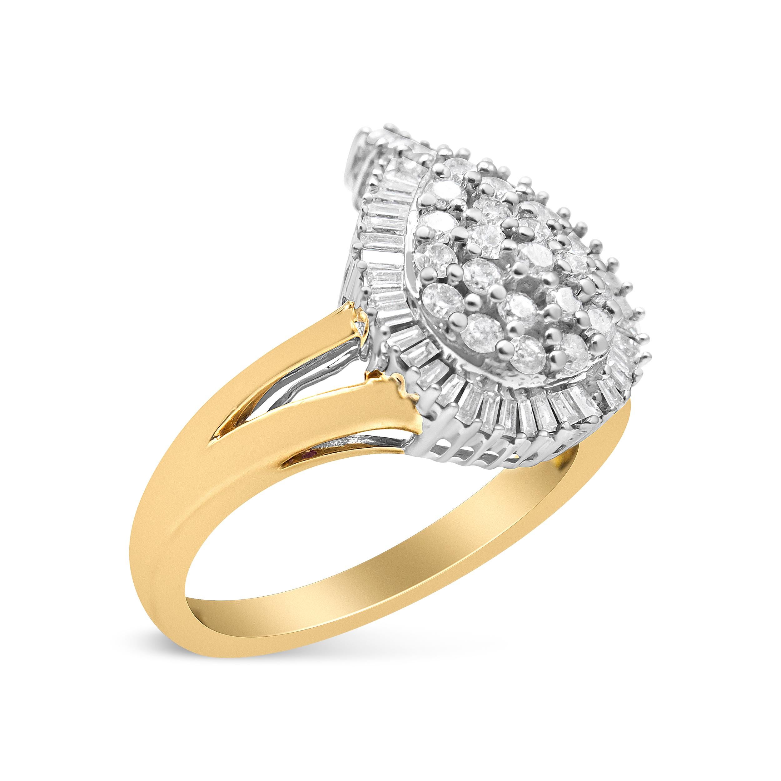 14K Yellow and White Gold 1.0 Carat Round-Cut Diamond Ballerina Cocktail Ring In New Condition For Sale In New York, NY