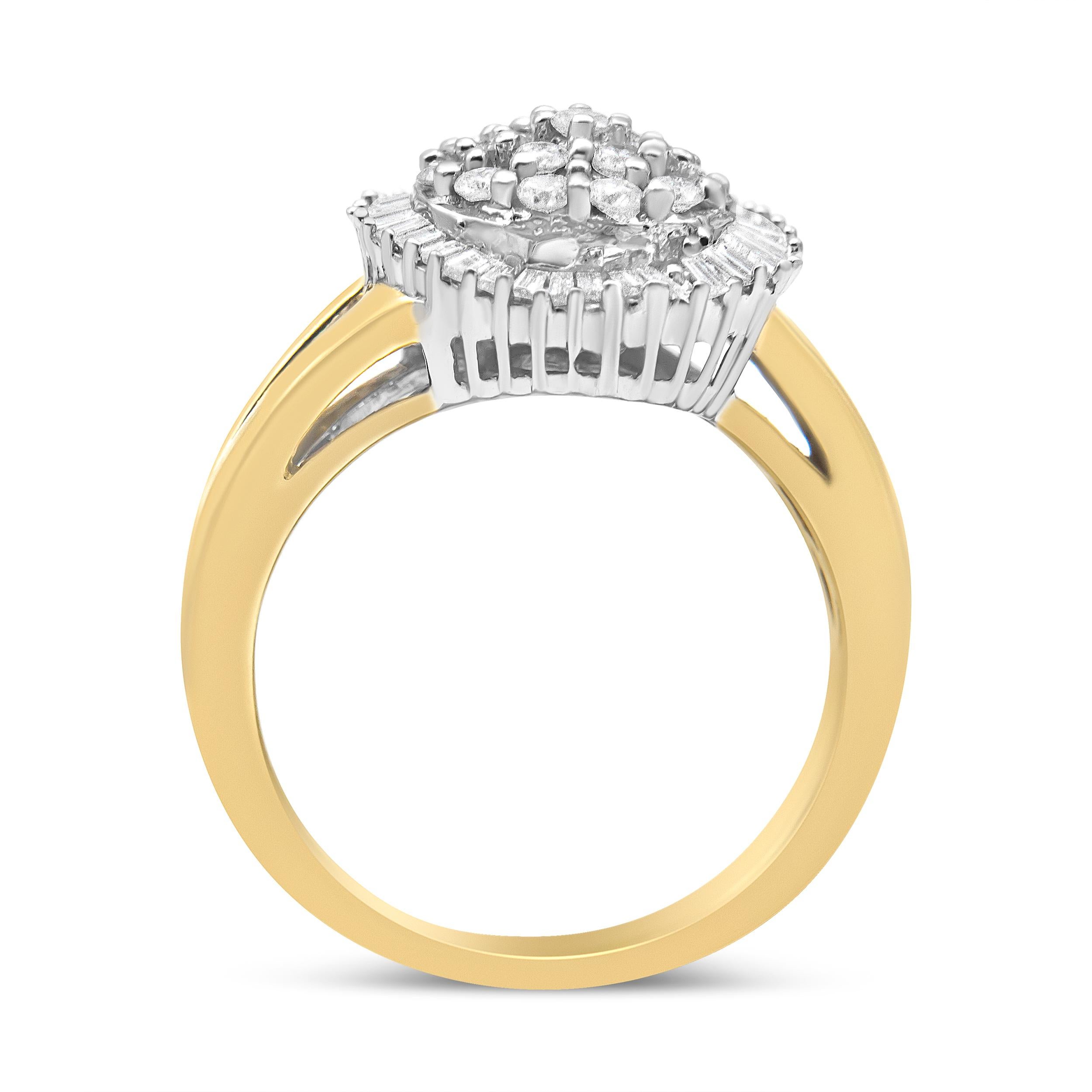 Women's 14K Yellow and White Gold 1.0 Carat Round-Cut Diamond Ballerina Cocktail Ring For Sale