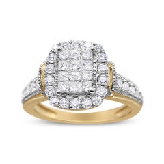 14K Yellow and White Gold 1.00 Cttw Emerald Shaped Halo Diamond Cluster Ring