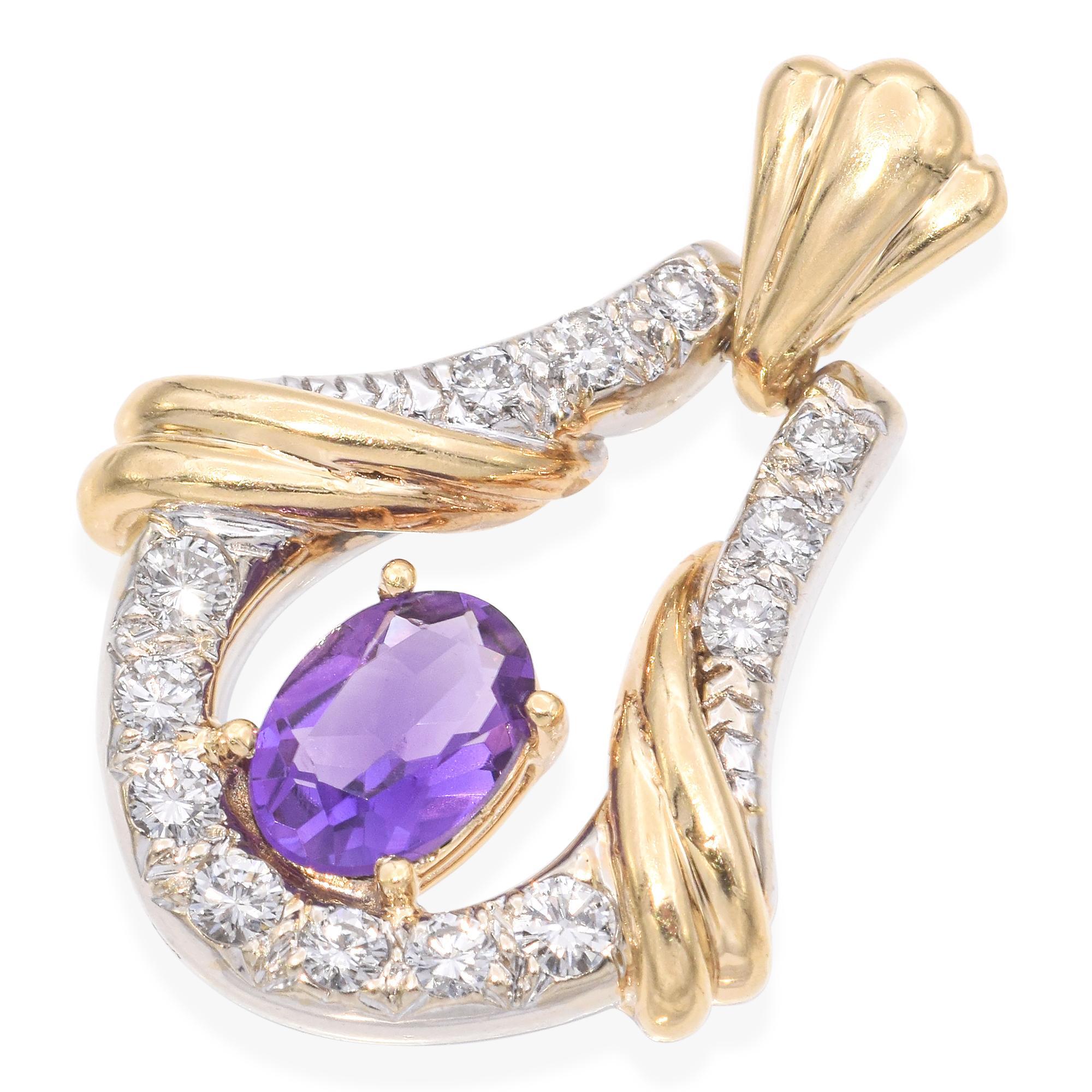 Taille ovale Or jaune et blanc 14K 1.22 Ct. Pendentif améthyste et diamant en vente