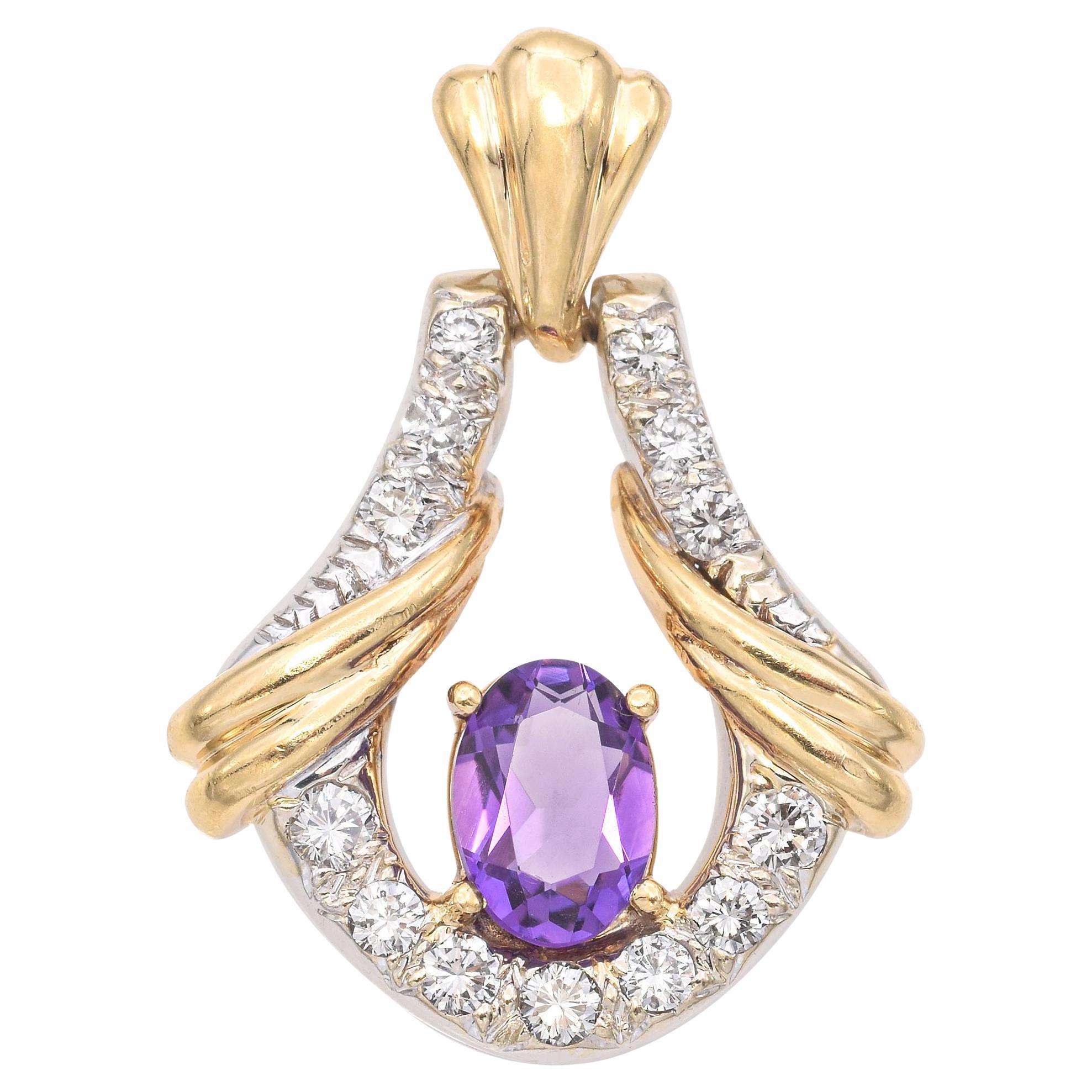 Or jaune et blanc 14K 1.22 Ct. Pendentif améthyste et diamant en vente
