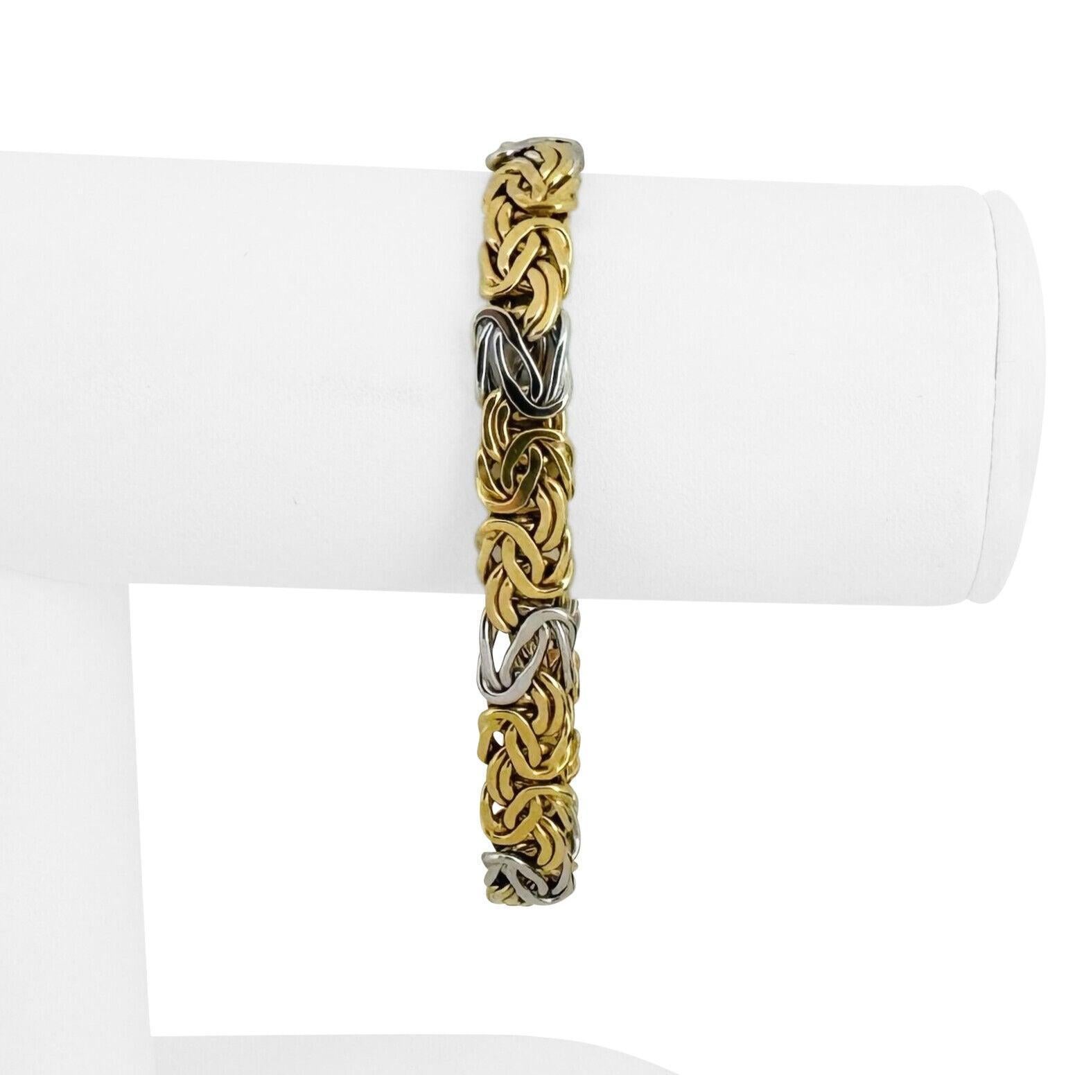 Condition:  Excellent Condition, Professionally Cleaned and Polished
Metal:   14k Gold (Marked, and Professionally Tested)
Weight:  12.5g
Length:  7.5 Inches
Width:  9mm
Closure:  Lobster Claw
Markings:  