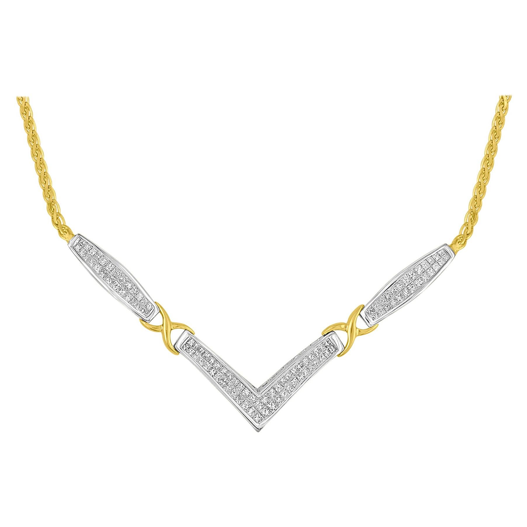 14k Yellow and White Gold Diamond "V" Shape Statement Necklace