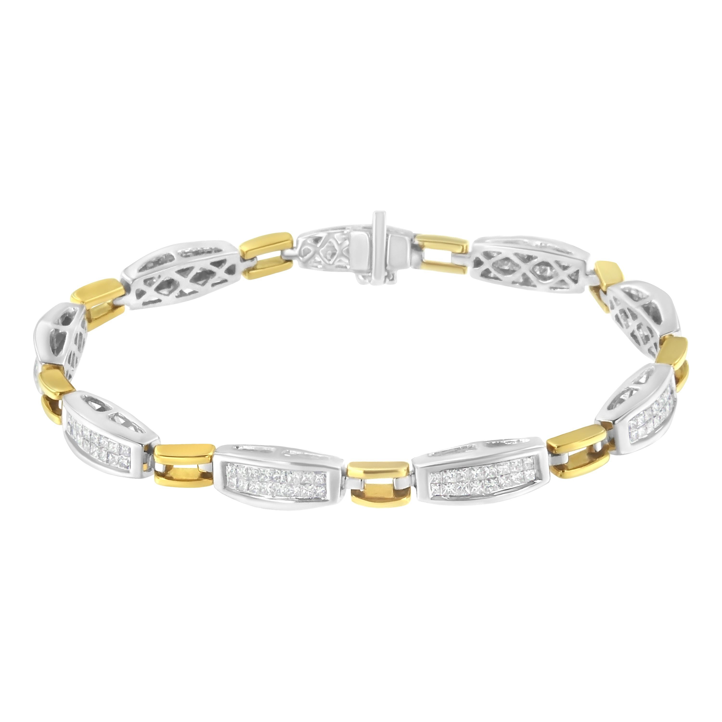 You can't go wrong with this 14k yellow and white gold link bracelet. 2ct TDW in diamonds sparkle in this design that secures with a box with clasp mechanism. White gold rectangular links studded with two rows of princess cut diamonds alternate with