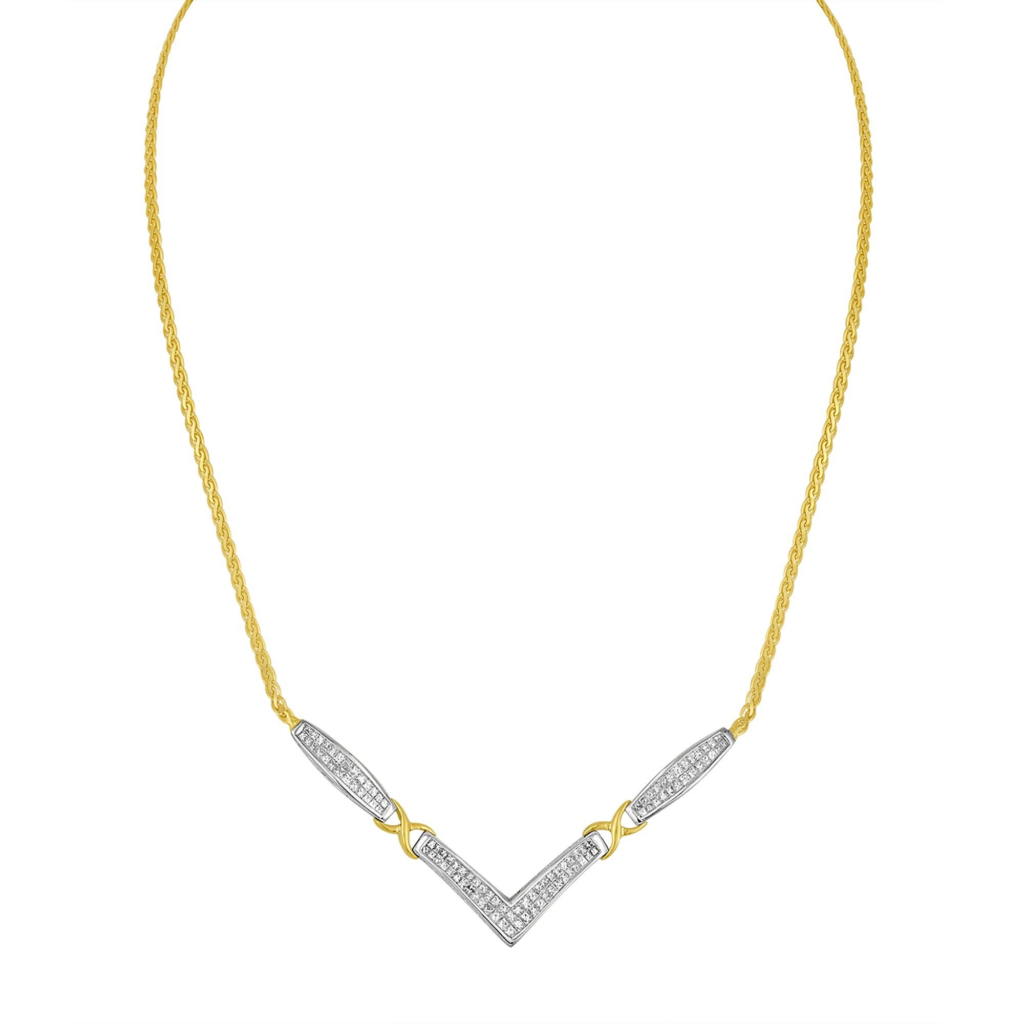 Moderne Collier fantaisie en forme de « V » en or jaune et blanc 14 carats avec diamants de 2,0 carats en vente