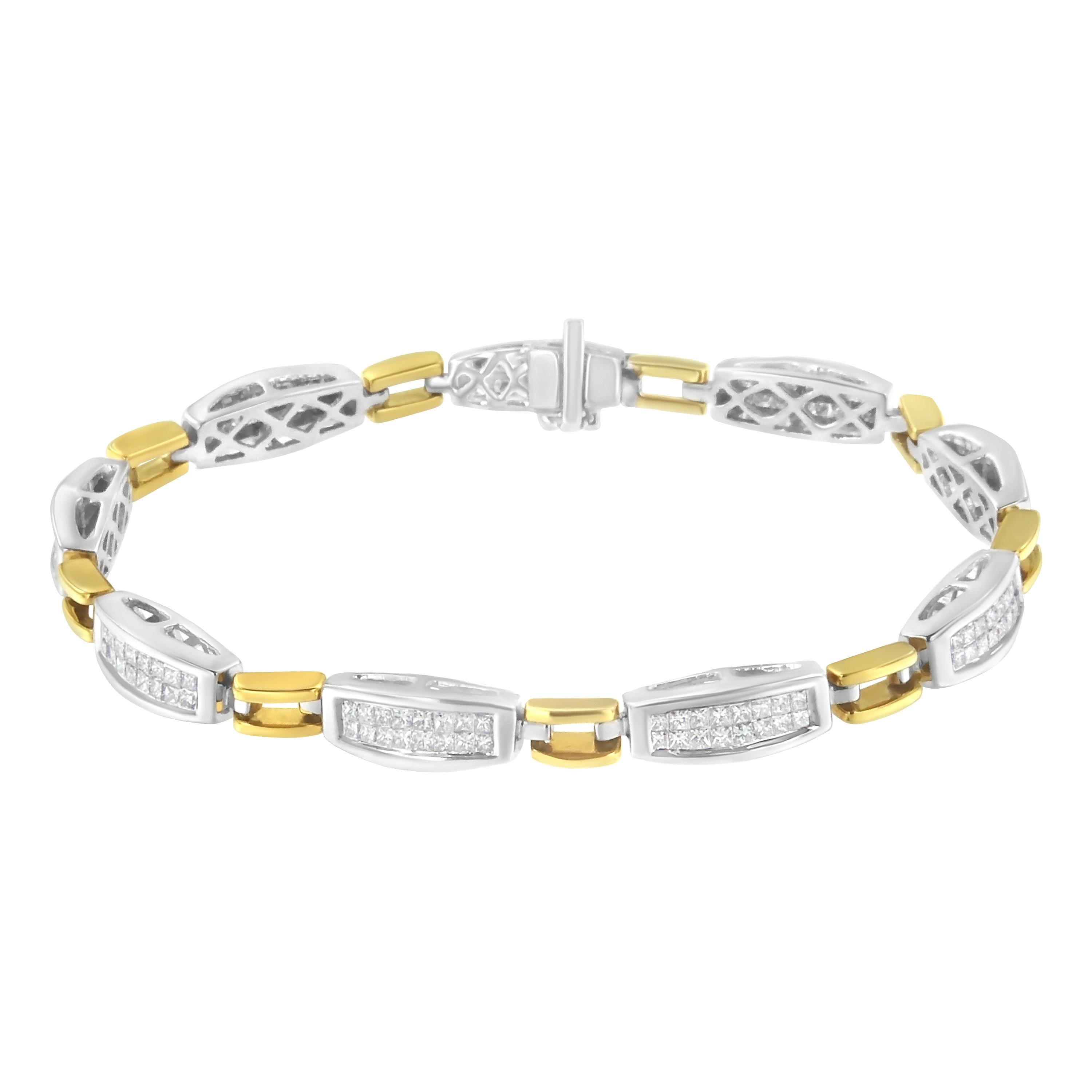 Vous ne pouvez pas vous tromper avec ce bracelet à maillons en or jaune et blanc 14k. 2ct TDW en diamants étincellent dans ce design qui se ferme avec une boîte avec un mécanisme de fermoir. Des maillons rectangulaires en or blanc, sertis de deux