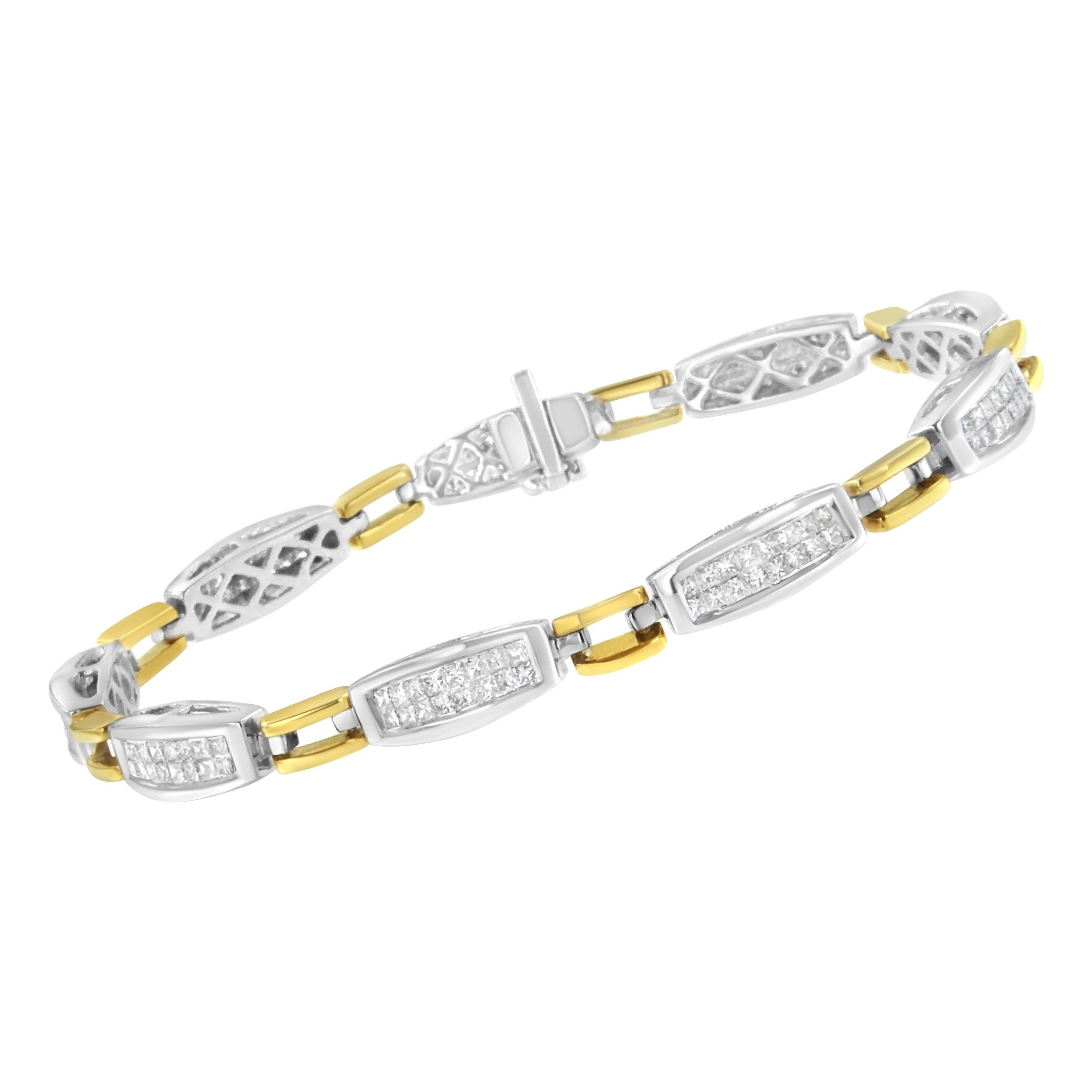 Taille princesse Bracelet à maillons en or jaune et blanc 14 carats serti de 2,0 carats de diamants en vente