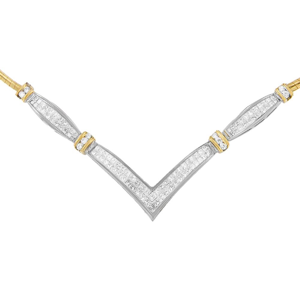 Surprise her by presenting this beautiful 2 ct tdw neck piece. It is crafted from alluring weaves of 14k white and yellow gold. Formed in an elegant V shape, the necklace is set with alternating segments of princess cut diamonds and round diamond