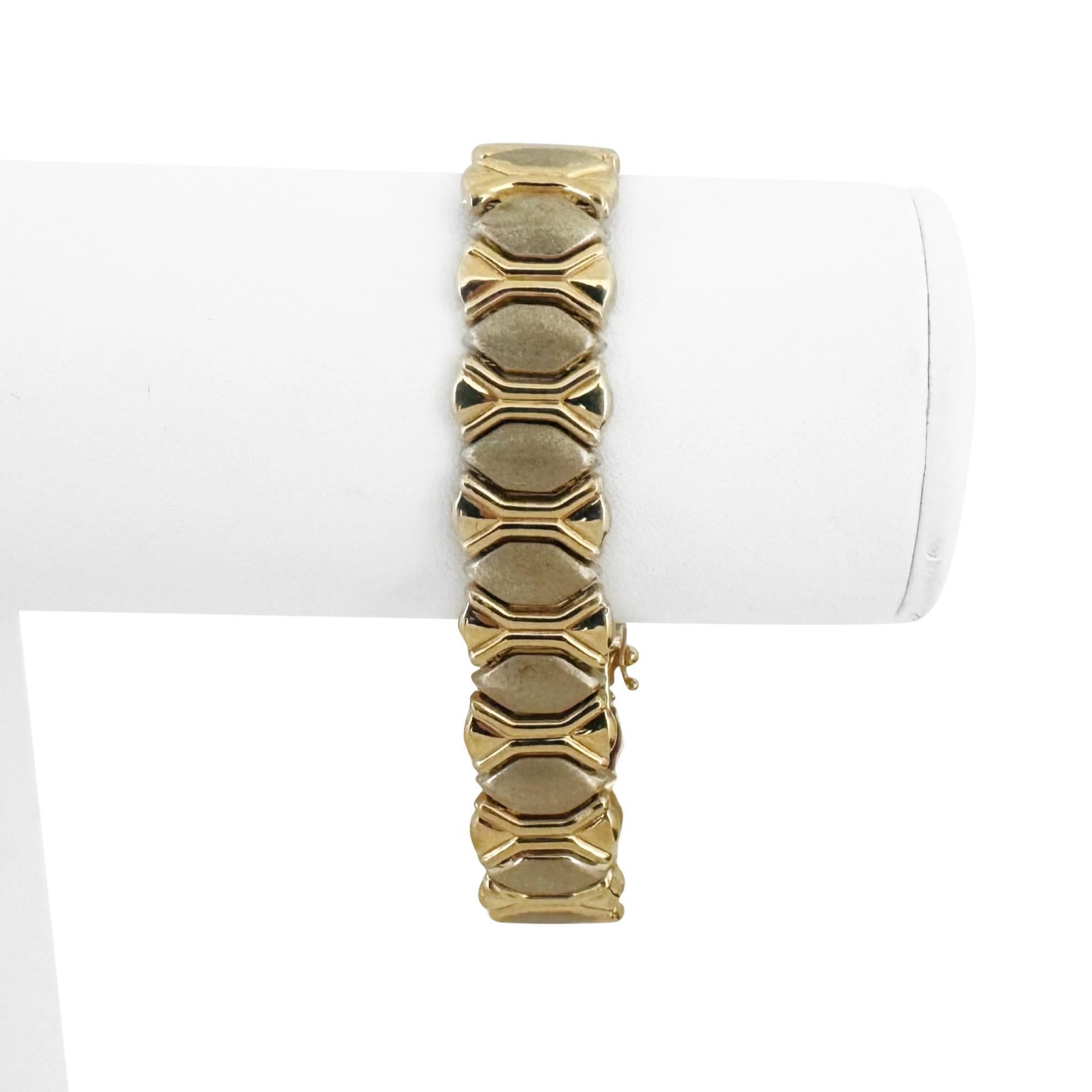 14k Yellow and White Gold 24.8g Two Tone Fancy Link Bracelet Italy 7.25