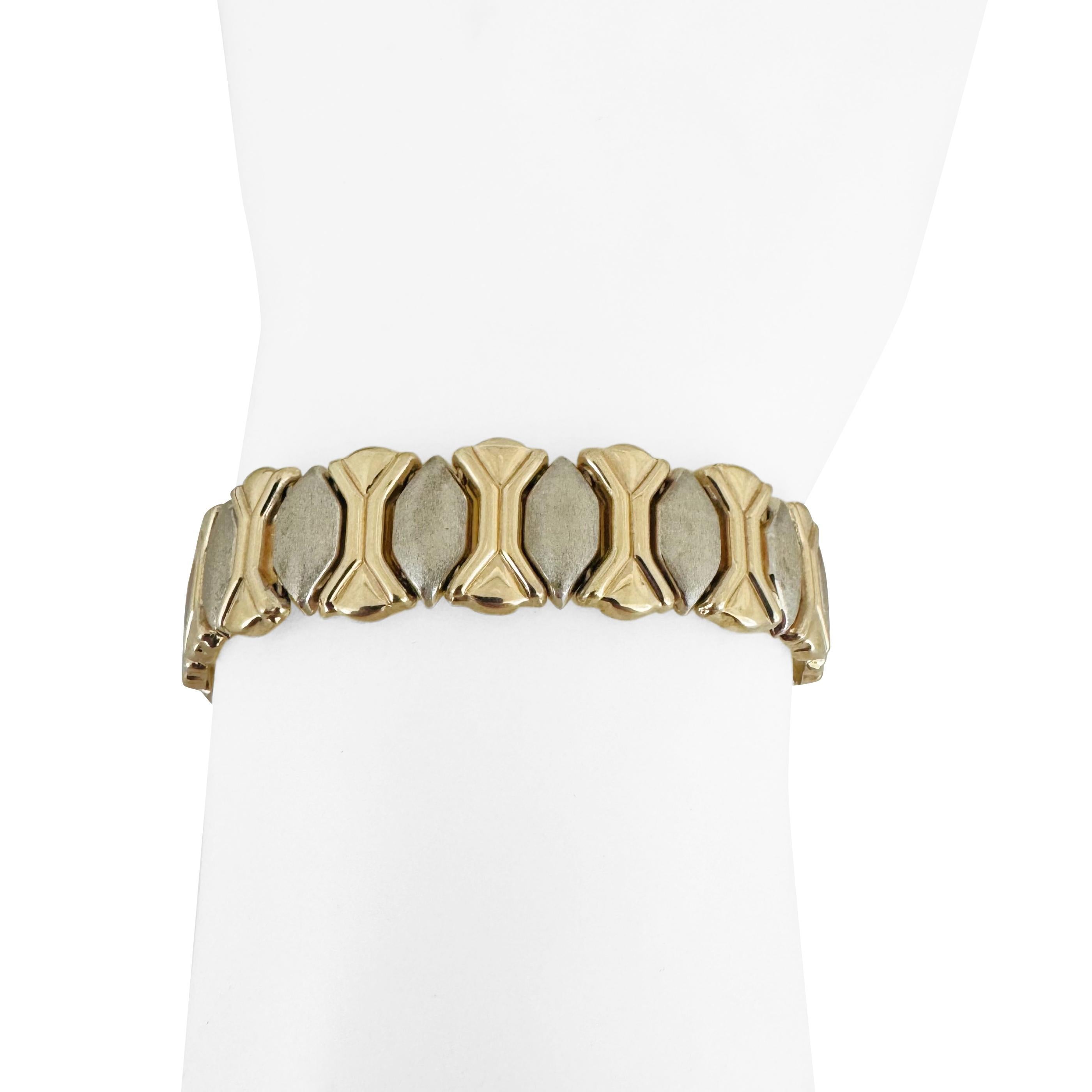 14k Yellow and White Gold 24.8g Two Tone Fancy Link Bracelet Italy 7.25