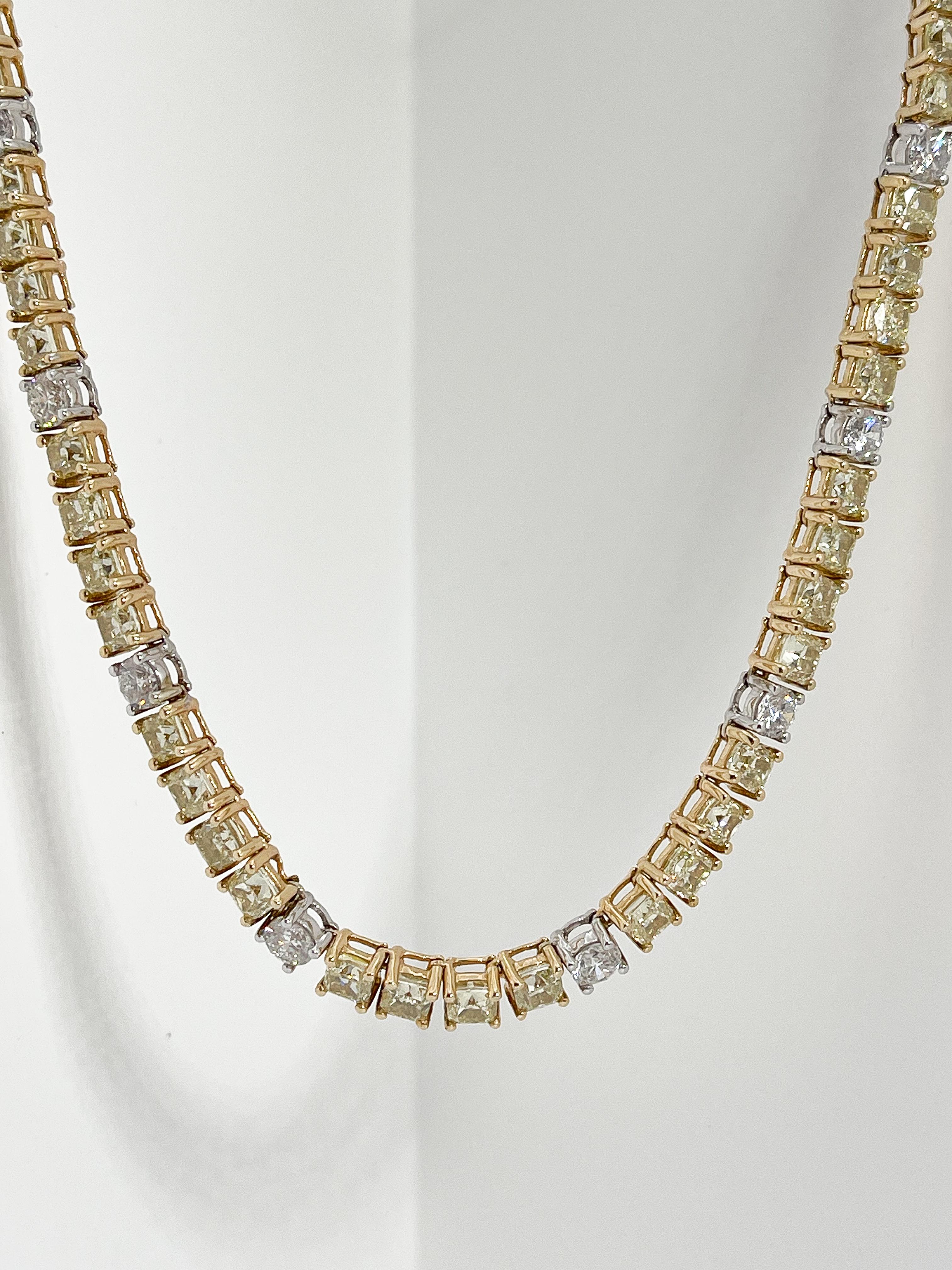 Cushion Cut 14K Yellow and White Gold 25.07 CTW Diamond Graduated Riviere Necklace  For Sale
