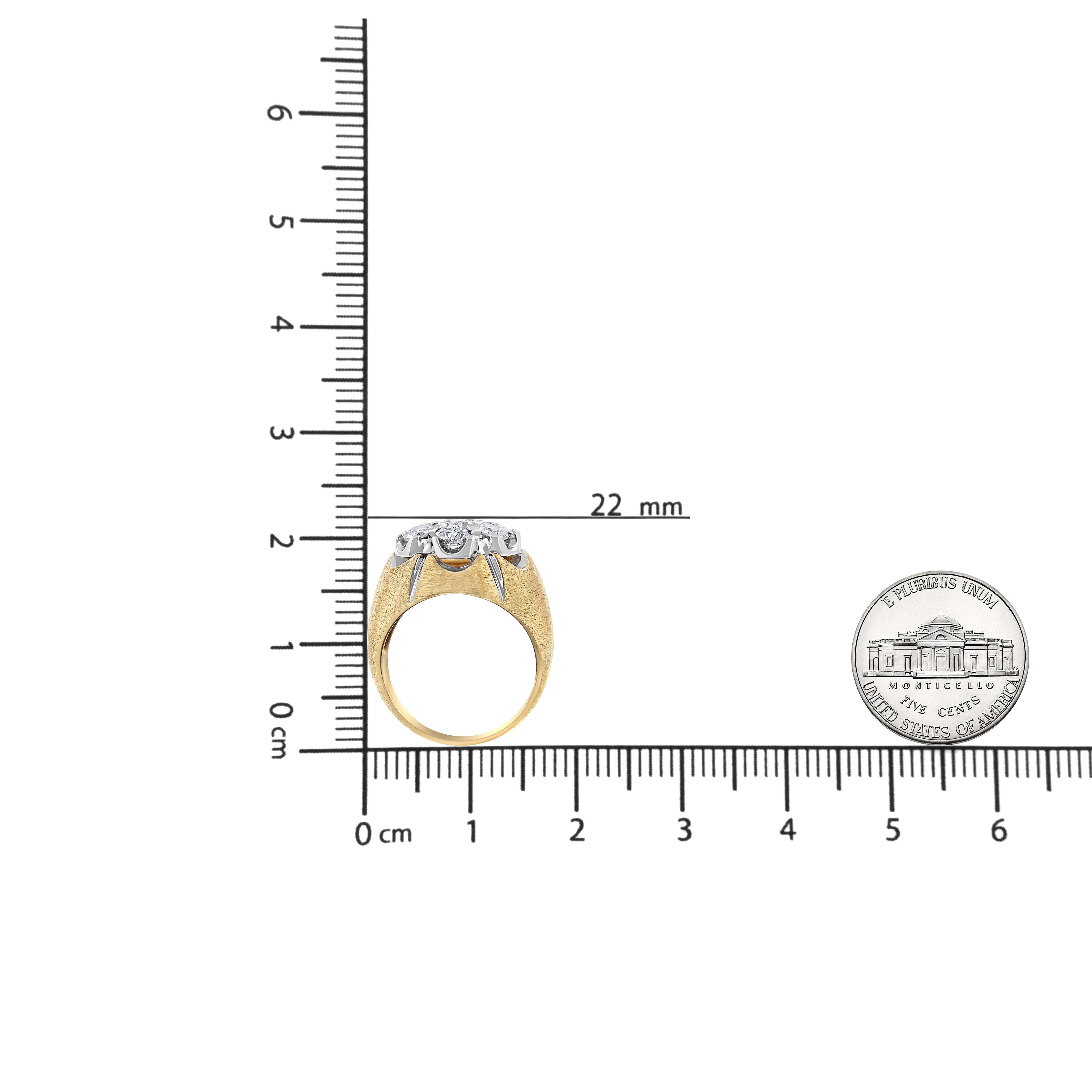 Round Cut 14K Yellow and White Gold 3.0 Carat Diamond Cluster Dome Ring with Matte Finish