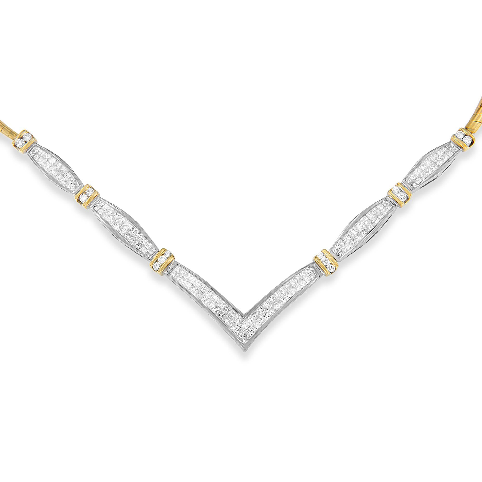 Surprise her by presenting this beautiful and eye-catching 3 carat neck piece. It is crafted from alluring weaves of 14kt white and yellow gold. Formed in an elegant V shape, the necklace is set with alternating segments of princess cut diamonds and
